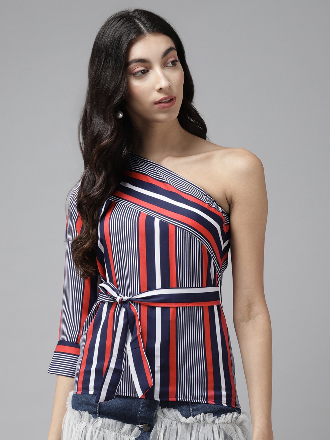 

Cayman Red & Navy Blue Striped One Shoulder Regular Top