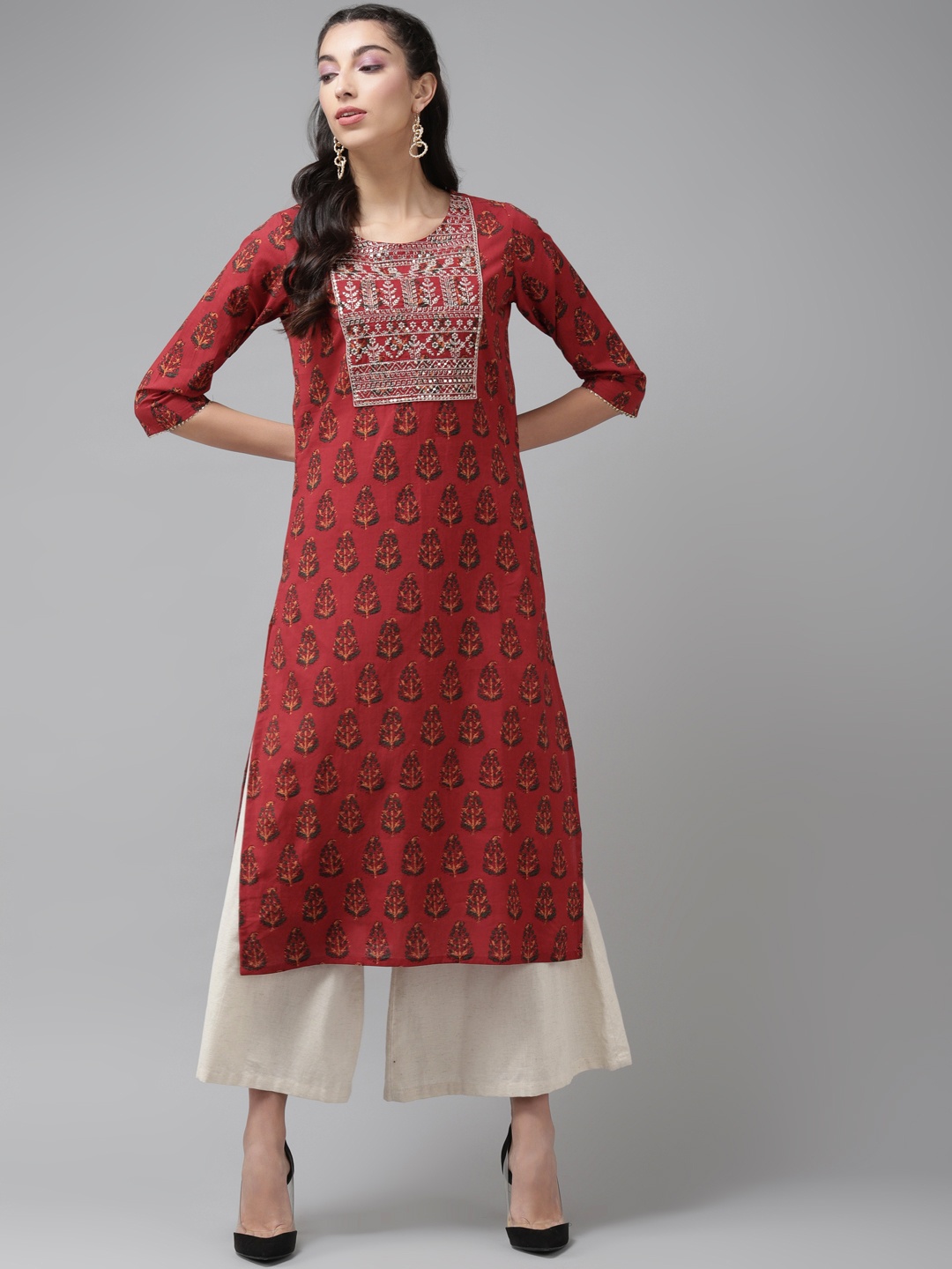 

Cayman Women Maroon & Green Ethnic Motifs Printed Thread Work Straight Kurta