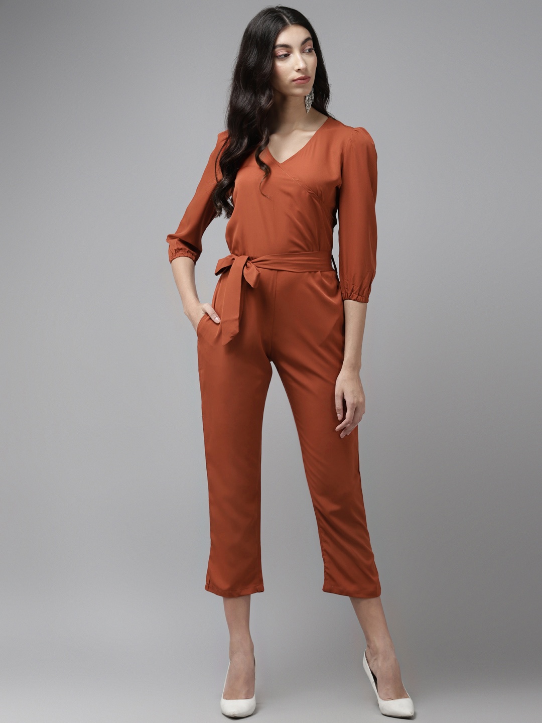 

Cayman Women Rust Brown Solid Cropped Basic Jumpsuit With Belt