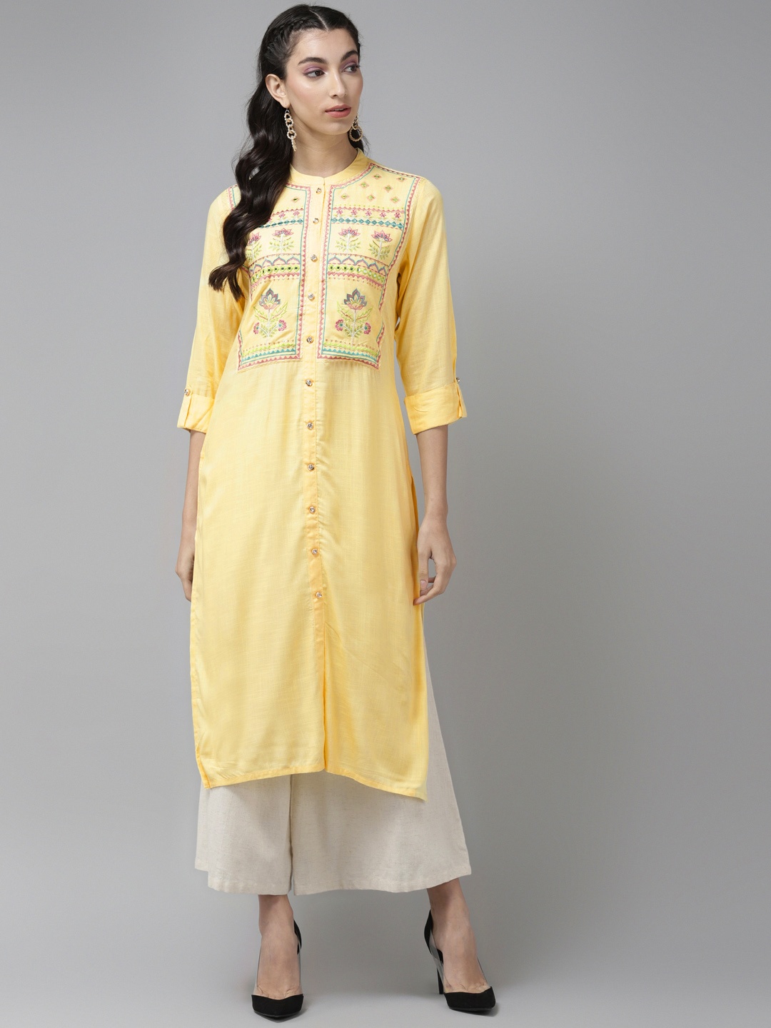 

Cayman Women Yellow & Pink Ethnic Motifs Yoke Design Straight Kurta