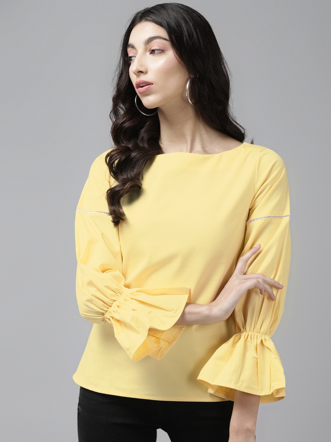 

Cayman Yellow Solid Bell Sleeves Pure Cotton Regular Top