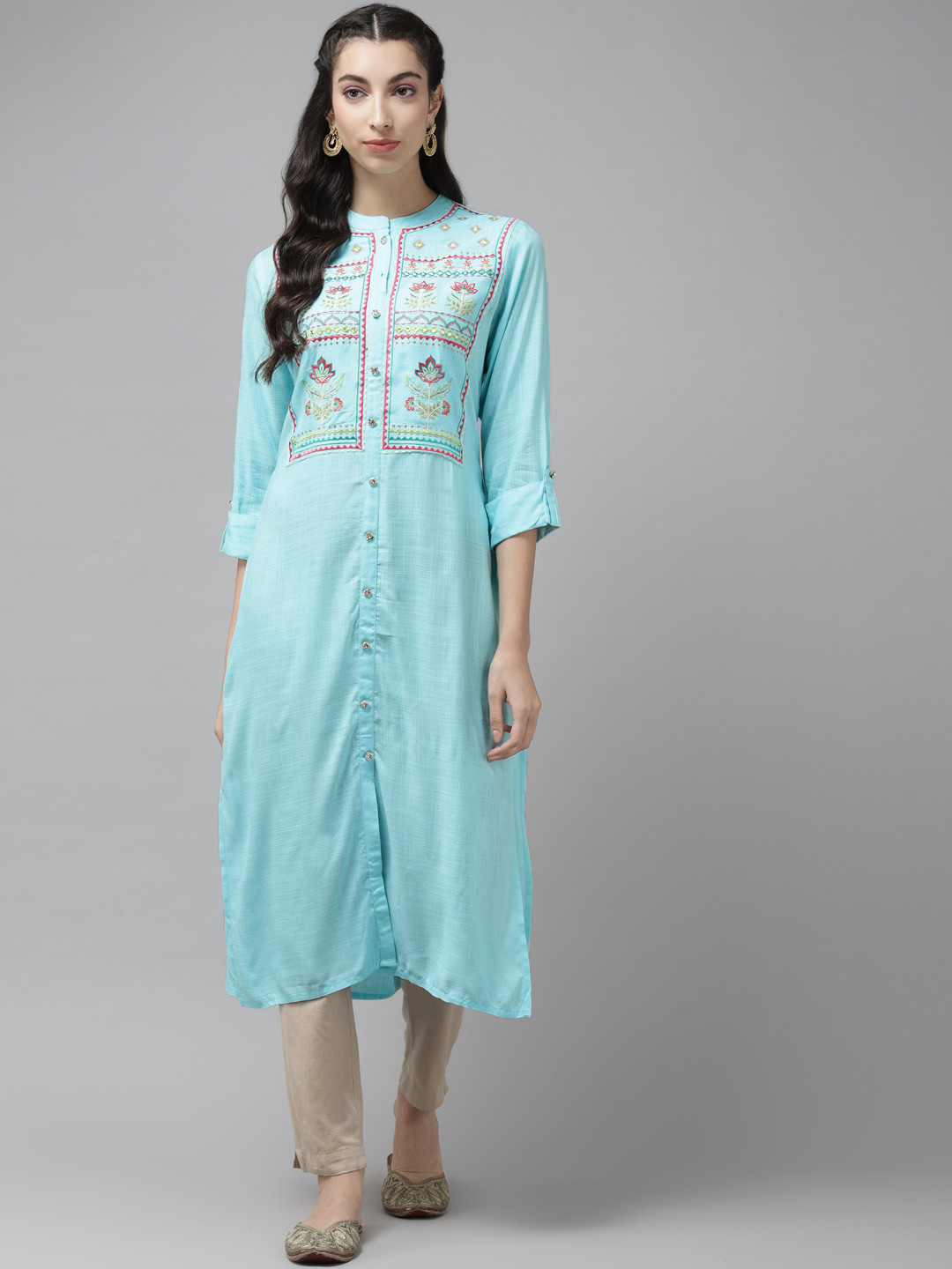 

Cayman Women Blue & Pink Ethnic Motifs Yoke Design Straight Kurta