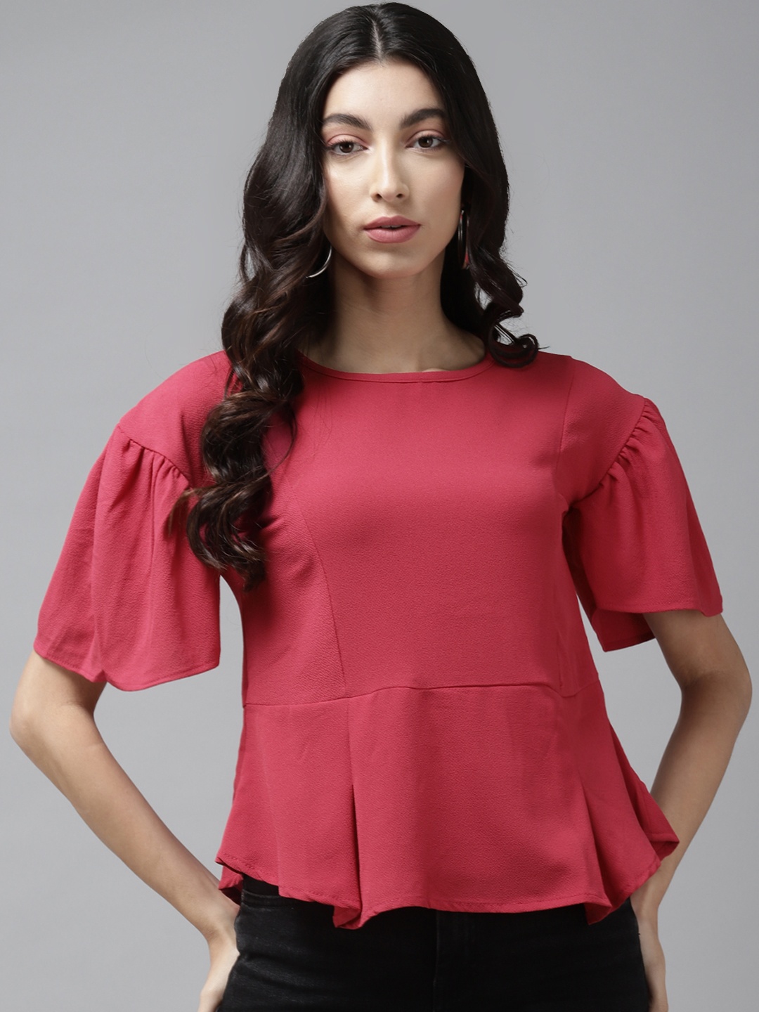 

Cayman Pink Solid Flared Sleeves A-line Top