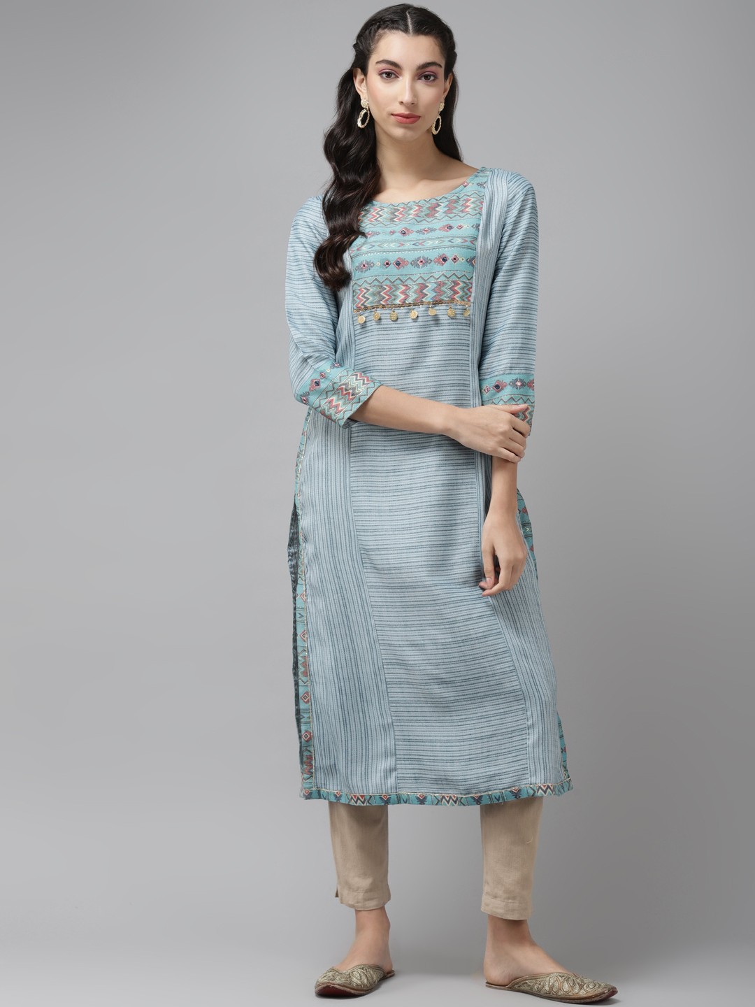 

Cayman Women Blue Striped Mirror-Work Straight Kurta