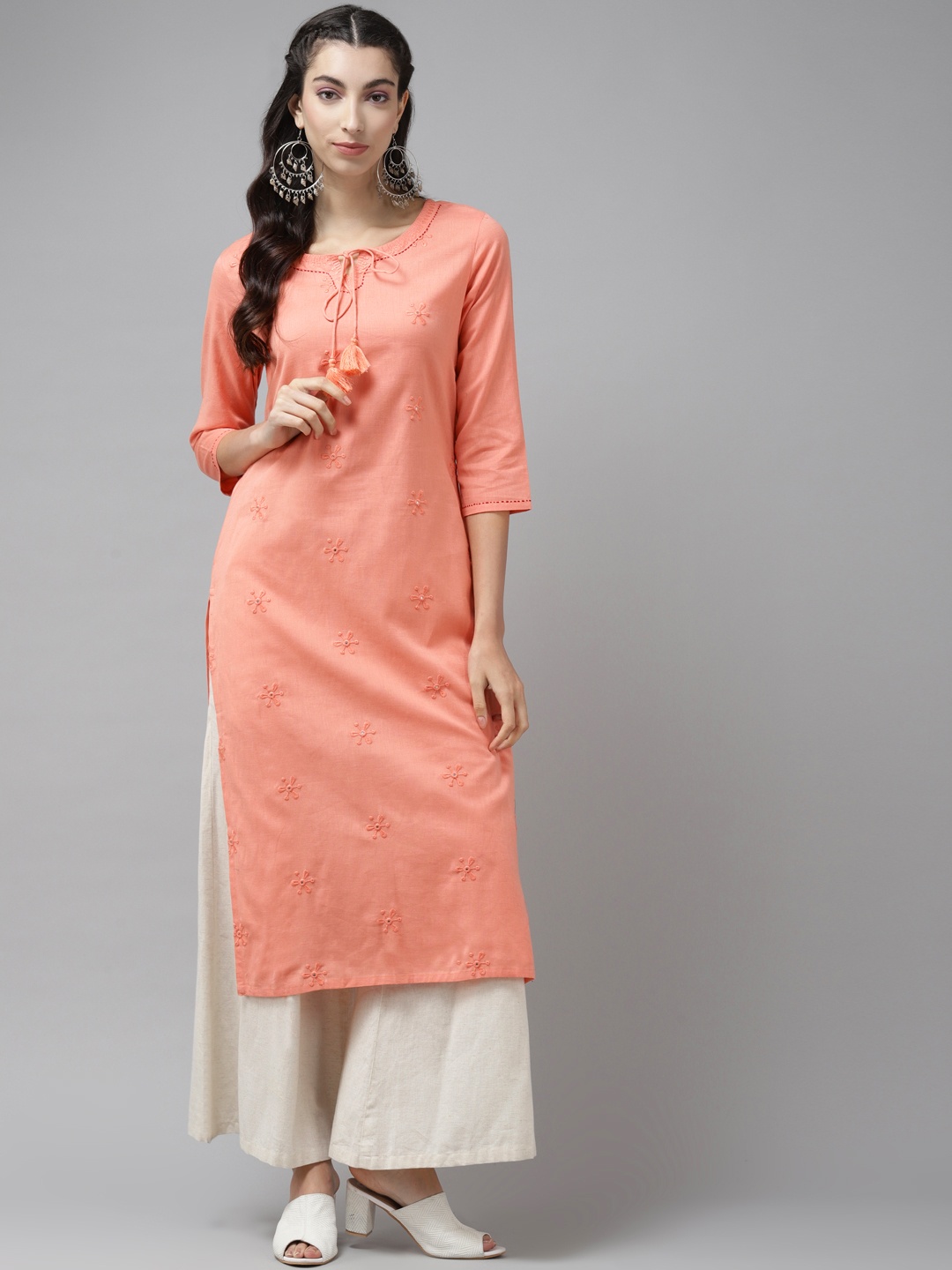 

Cayman Women Peach-Coloured Mirror-Work Embroidered Straight Kurta