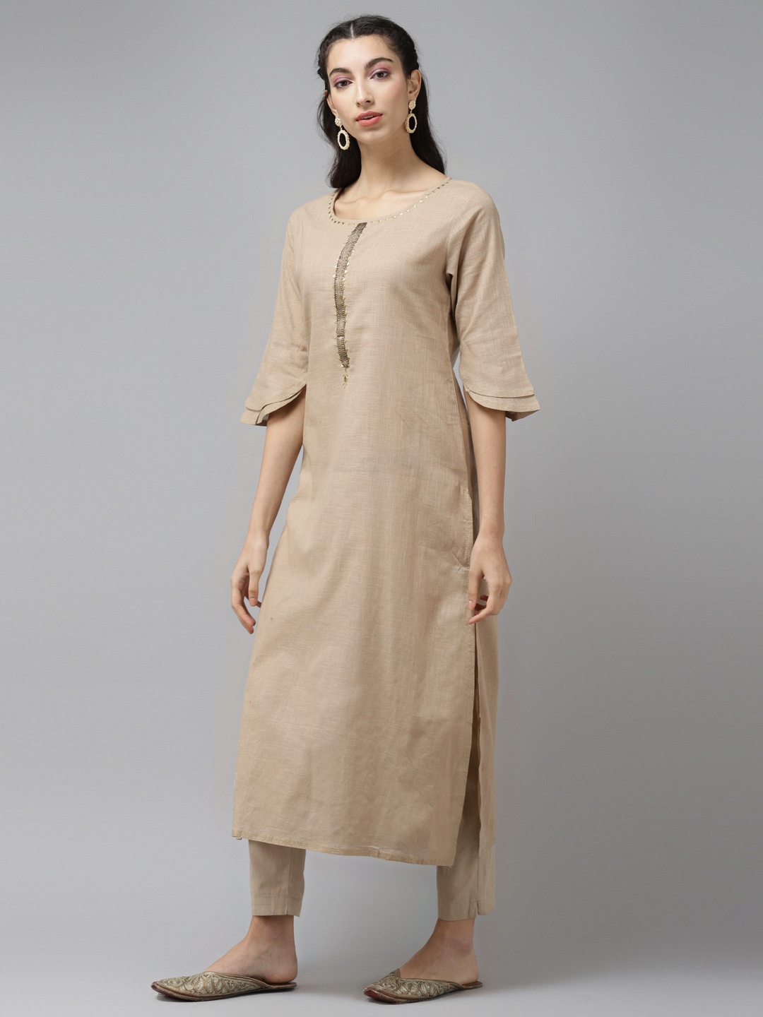 

Cayman Women Beige Yoke Design Pure Cotton Bell Sleeves Straight Kurta