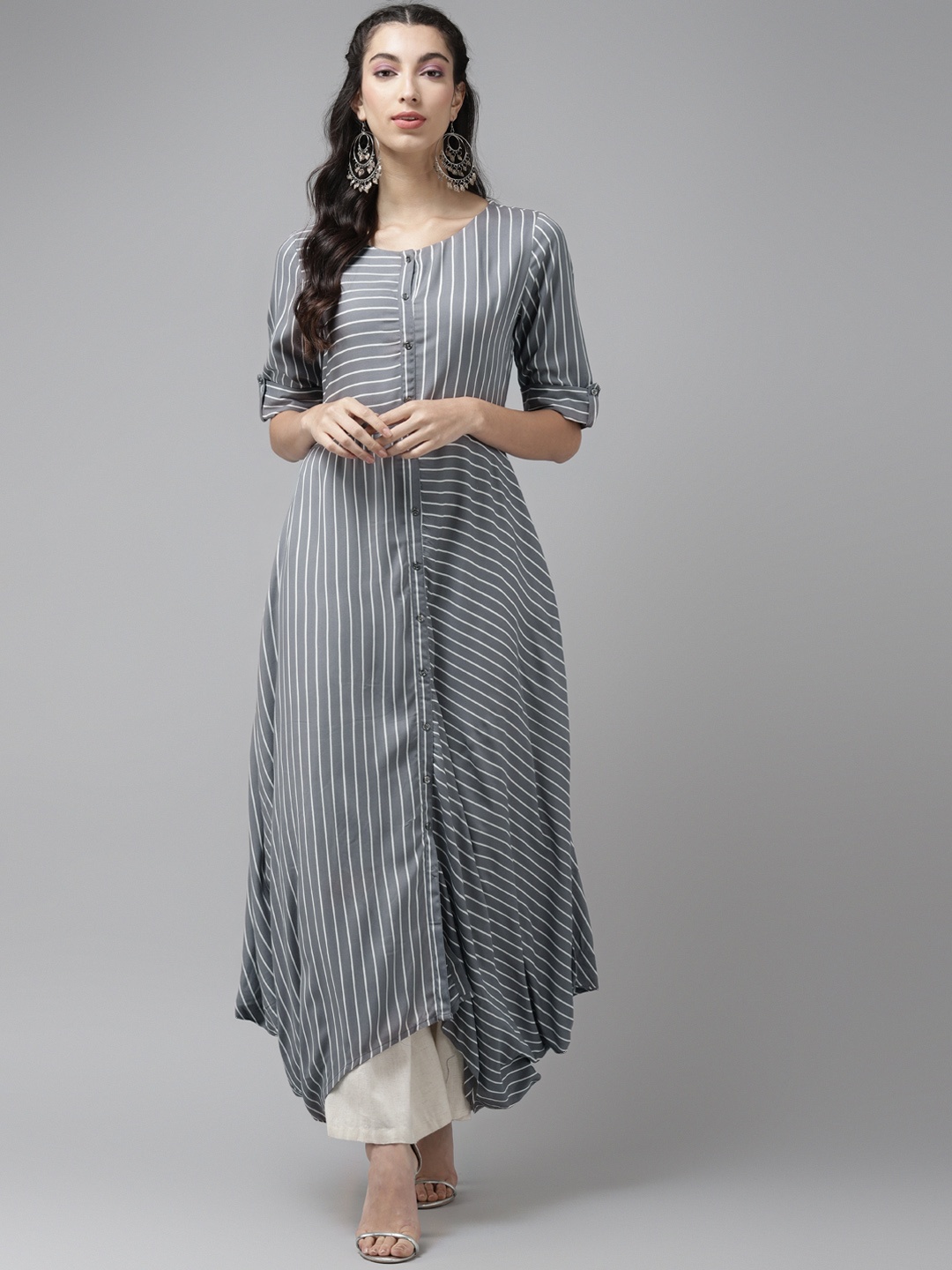 

Cayman Women Grey & White Striped Asymmetric Kurta