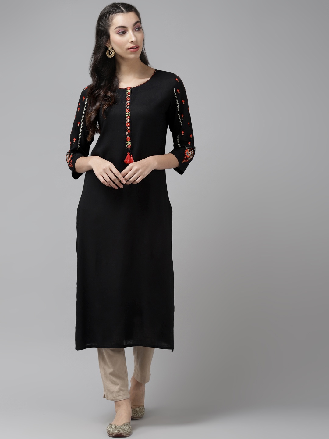 

Cayman Women Black Floral Yoke Design Pure Cotton Thread Work Straight Kurta