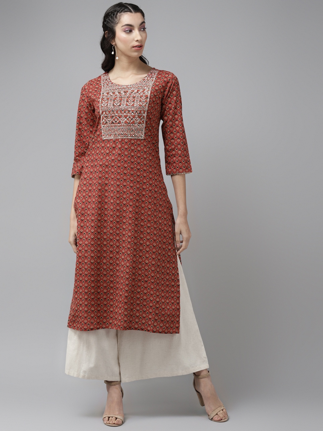 

Cayman Women Rust Red & Beige Ethnic Motifs Printed Pure Cotton Sequins Kurta