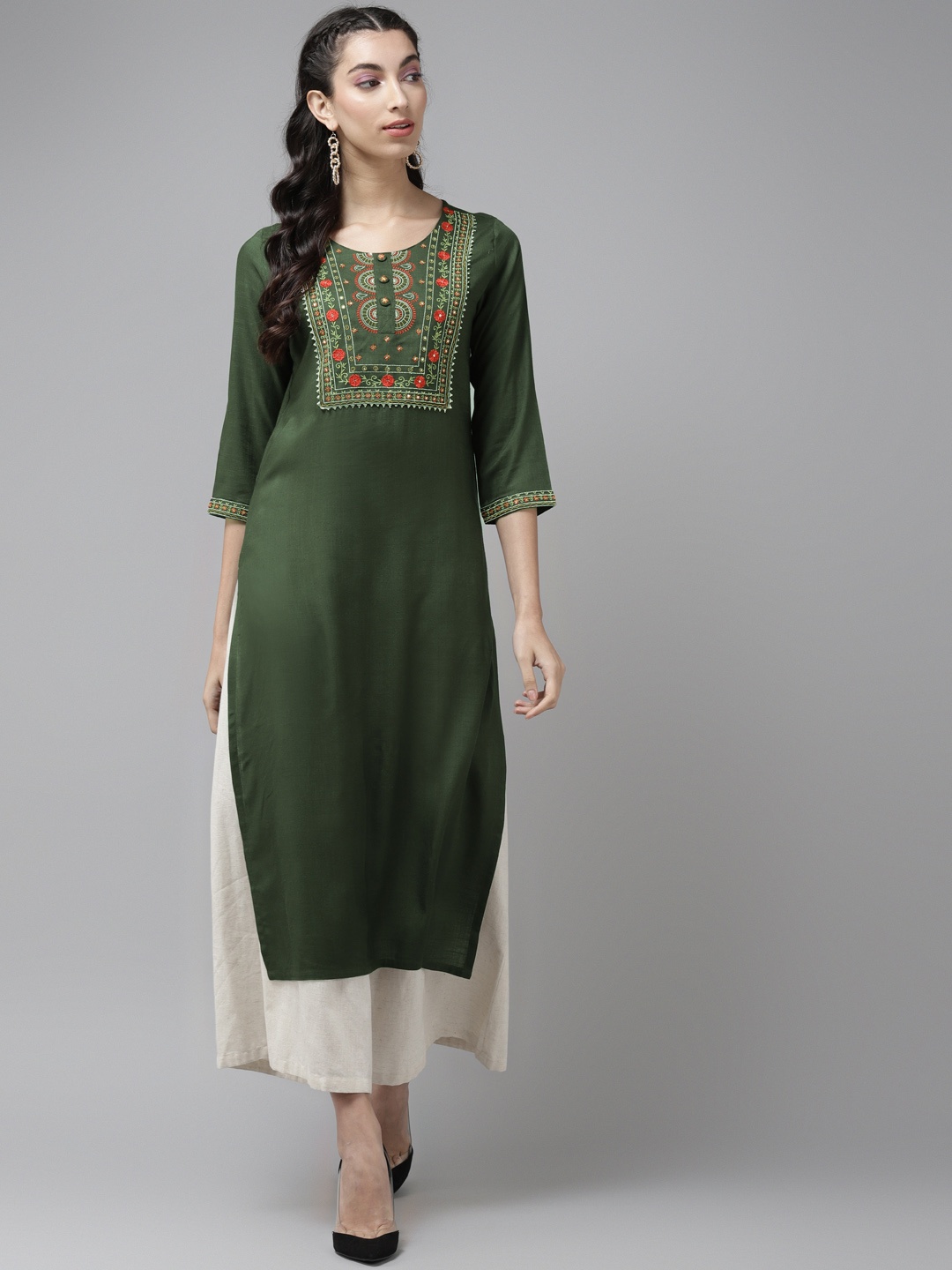 

Cayman Women Olive Green & Golden Ethnic Motifs Yoke Design Thread Work Kurta