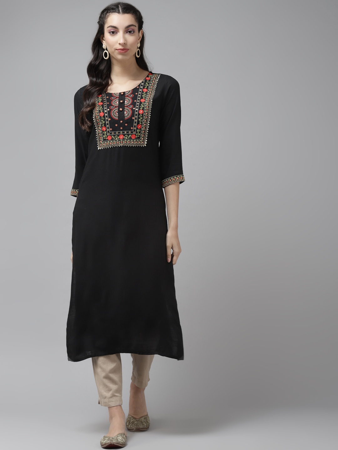 

Cayman Women Black & Red Yoke Design Gotta Patti Straight Kurta
