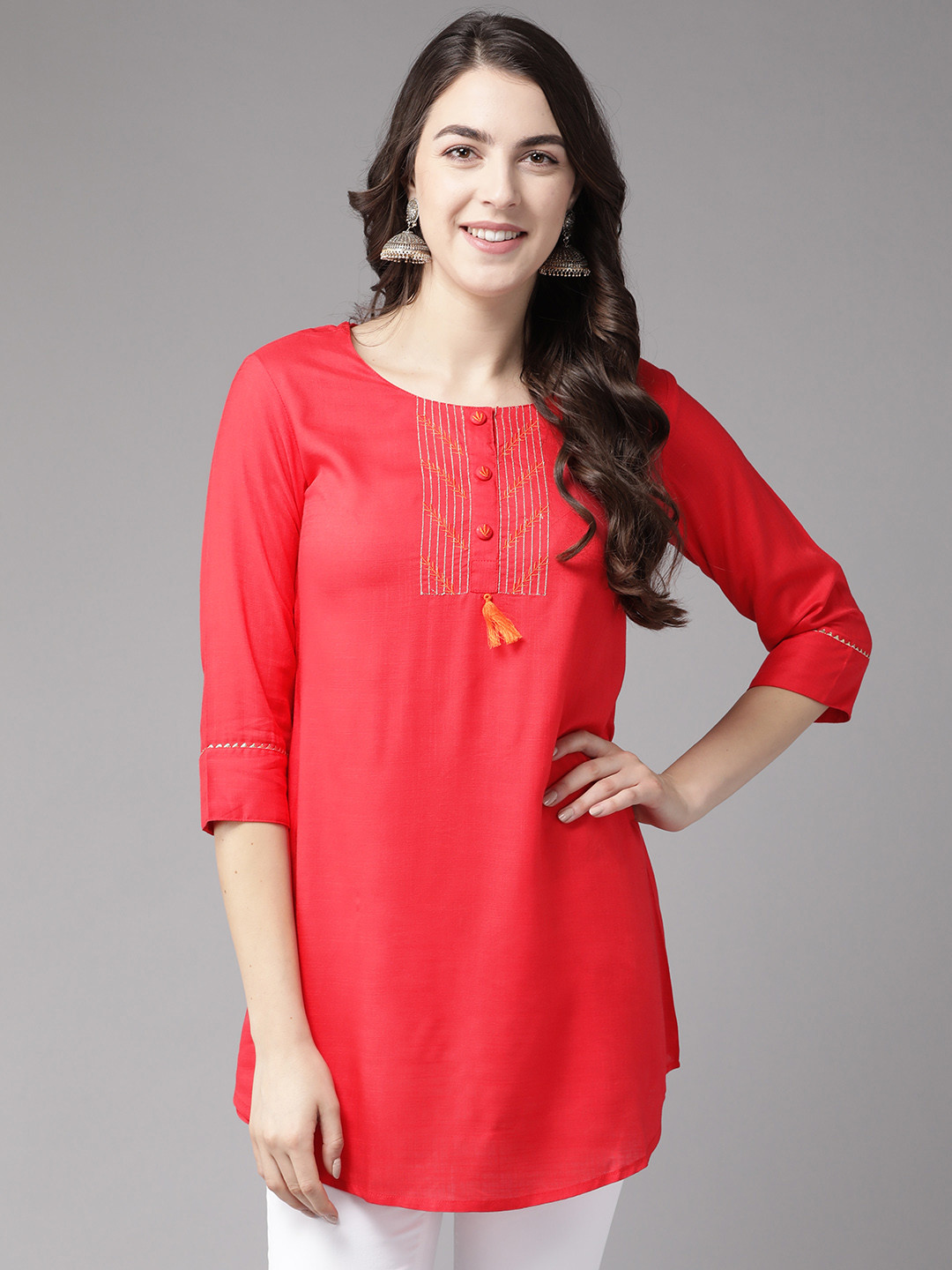 

Cayman Women Red Pure Cotton Yoke Design Thread Work Straight Kurta