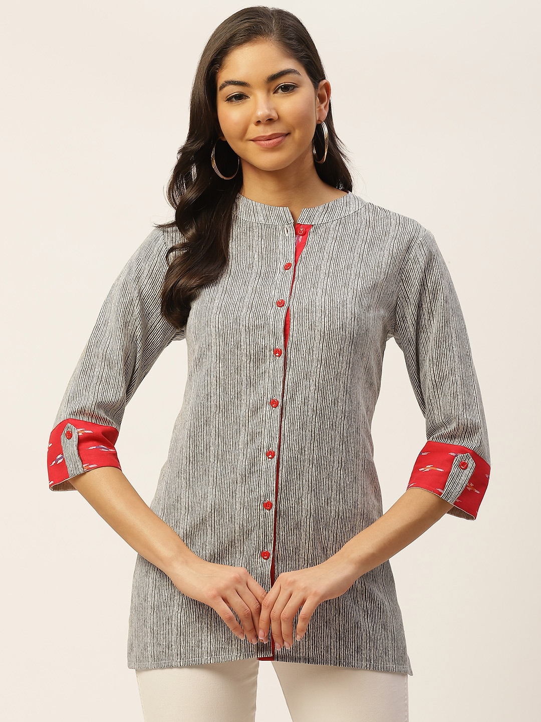 

FABRIC FITOOR Women Off-White & Charcoal Grey Regular Fit Striped Pure Cotton Casual Shirt