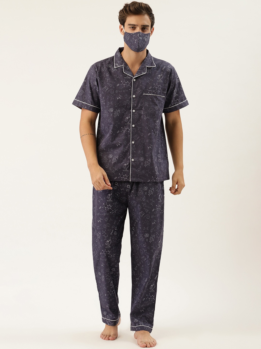 

Rapra The Label Men Navy Blue & White Pure Cotton Printed Night Suit