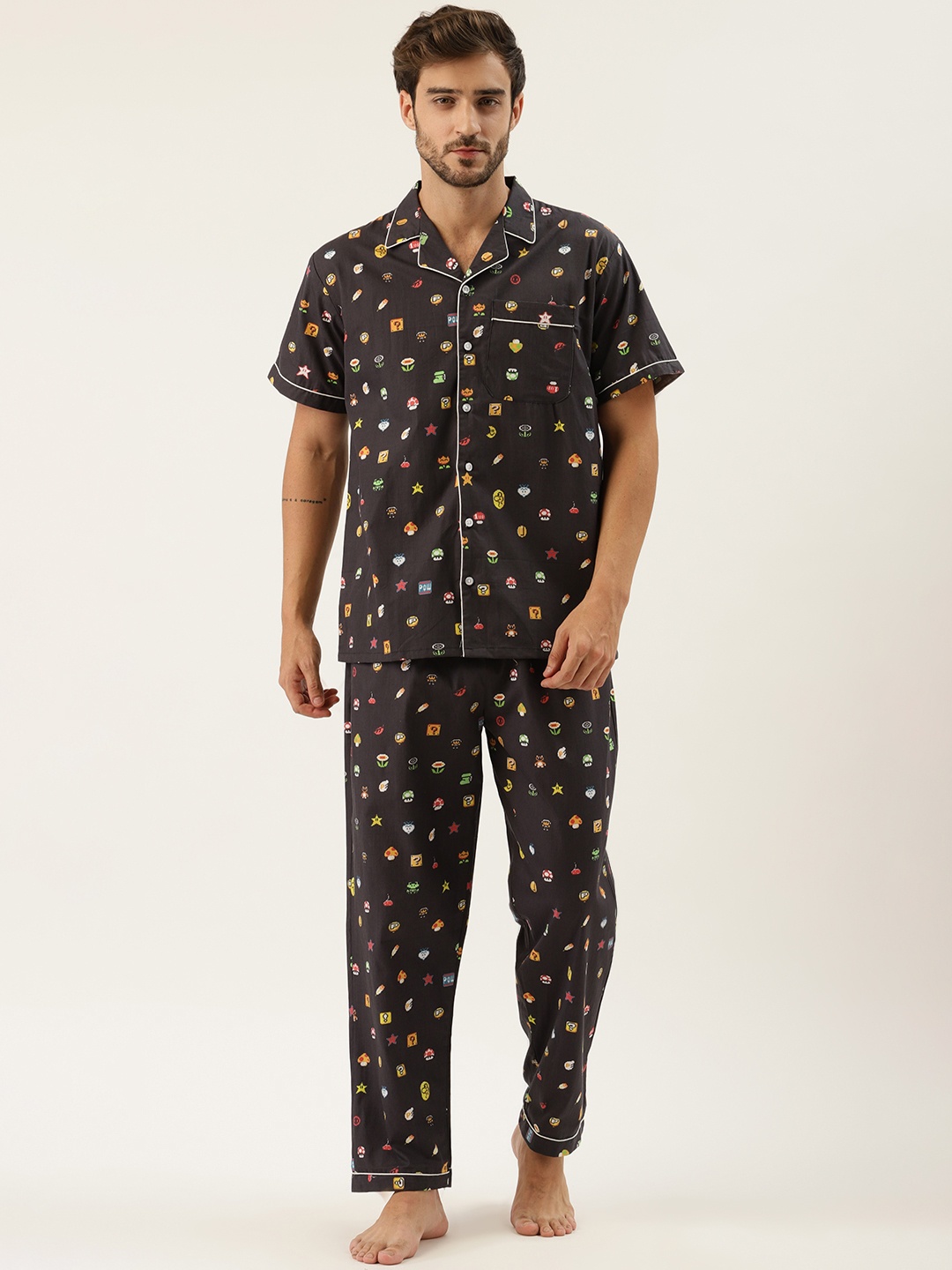 

Rapra The Label Men Black & Yellow Printed Night suit