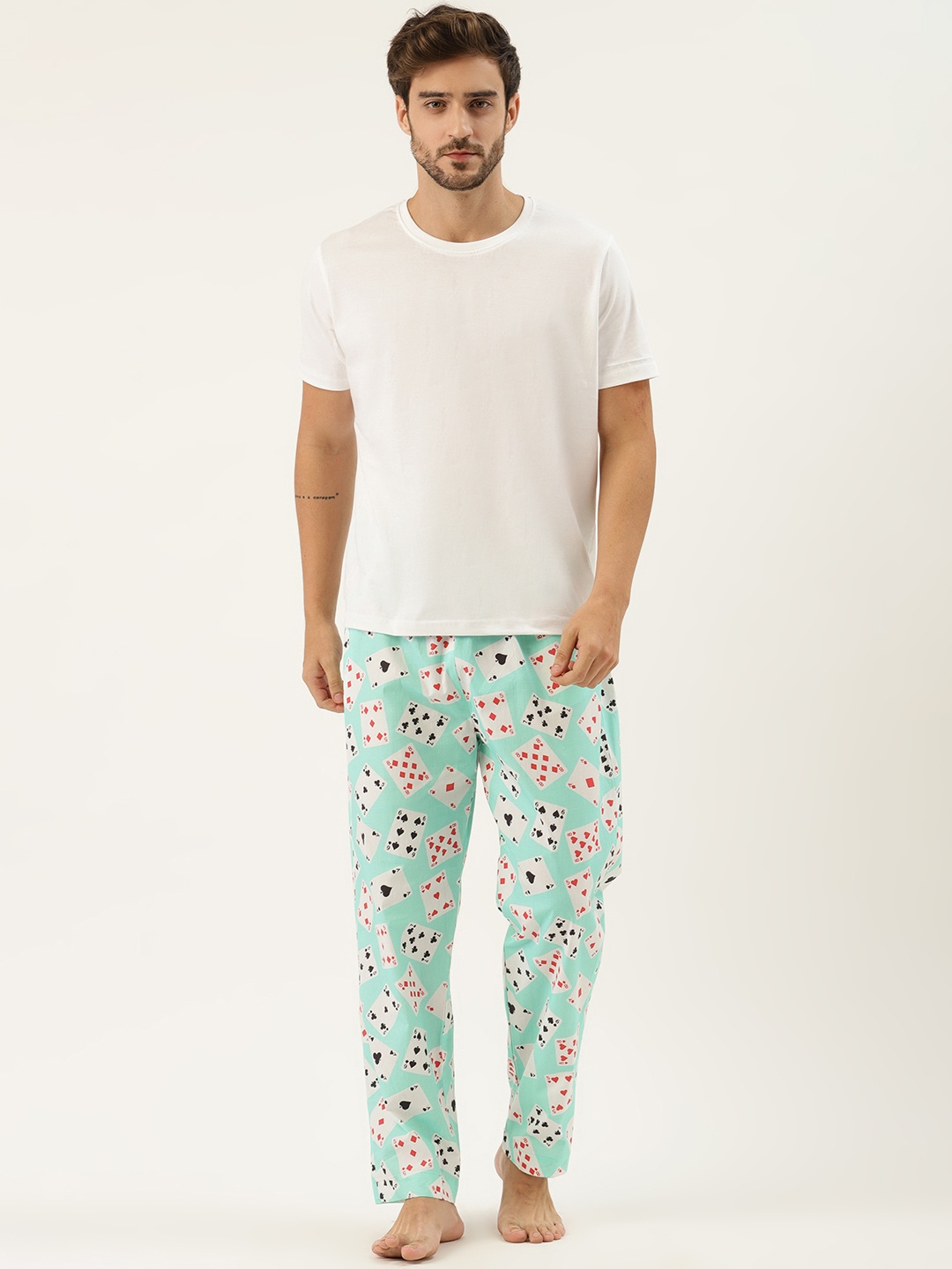 

Rapra The Label Men White & Green Pure Cotton Printed Night suit
