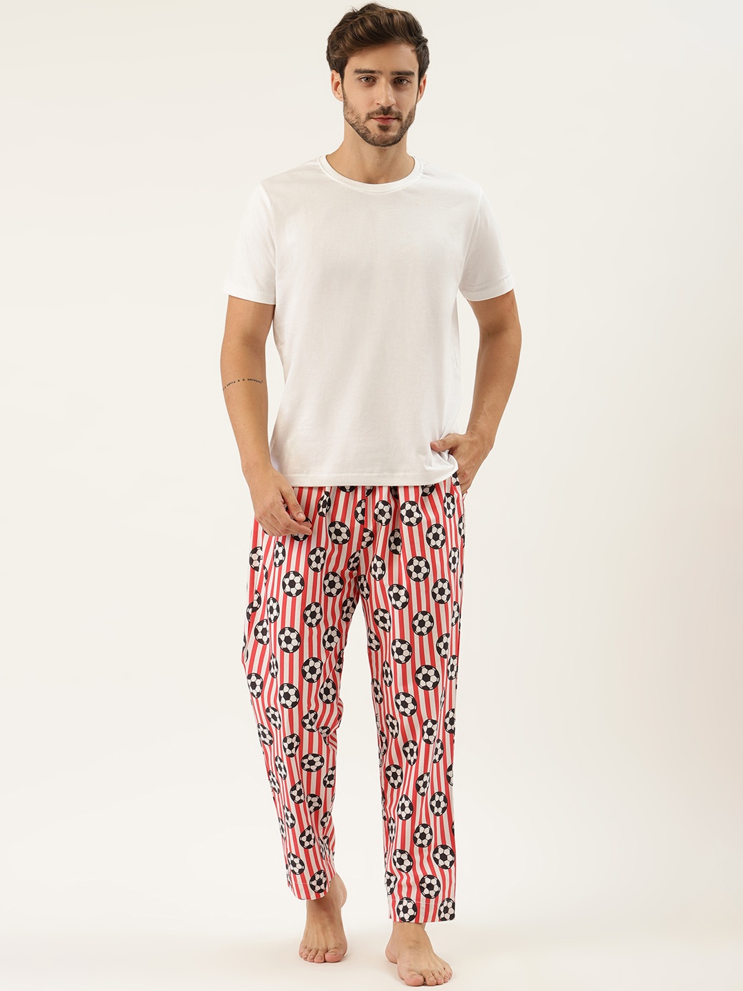 

Rapra The Label Men White & Red Pure Cotton Printed Night suit