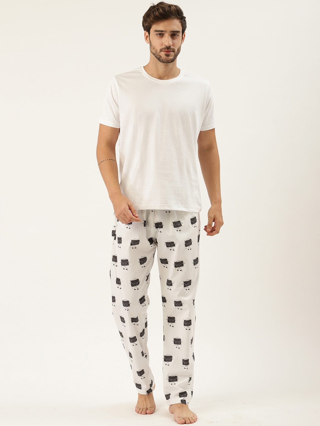 

Rapra The Label Men White & Black Pure Cotton Printed Night Suit