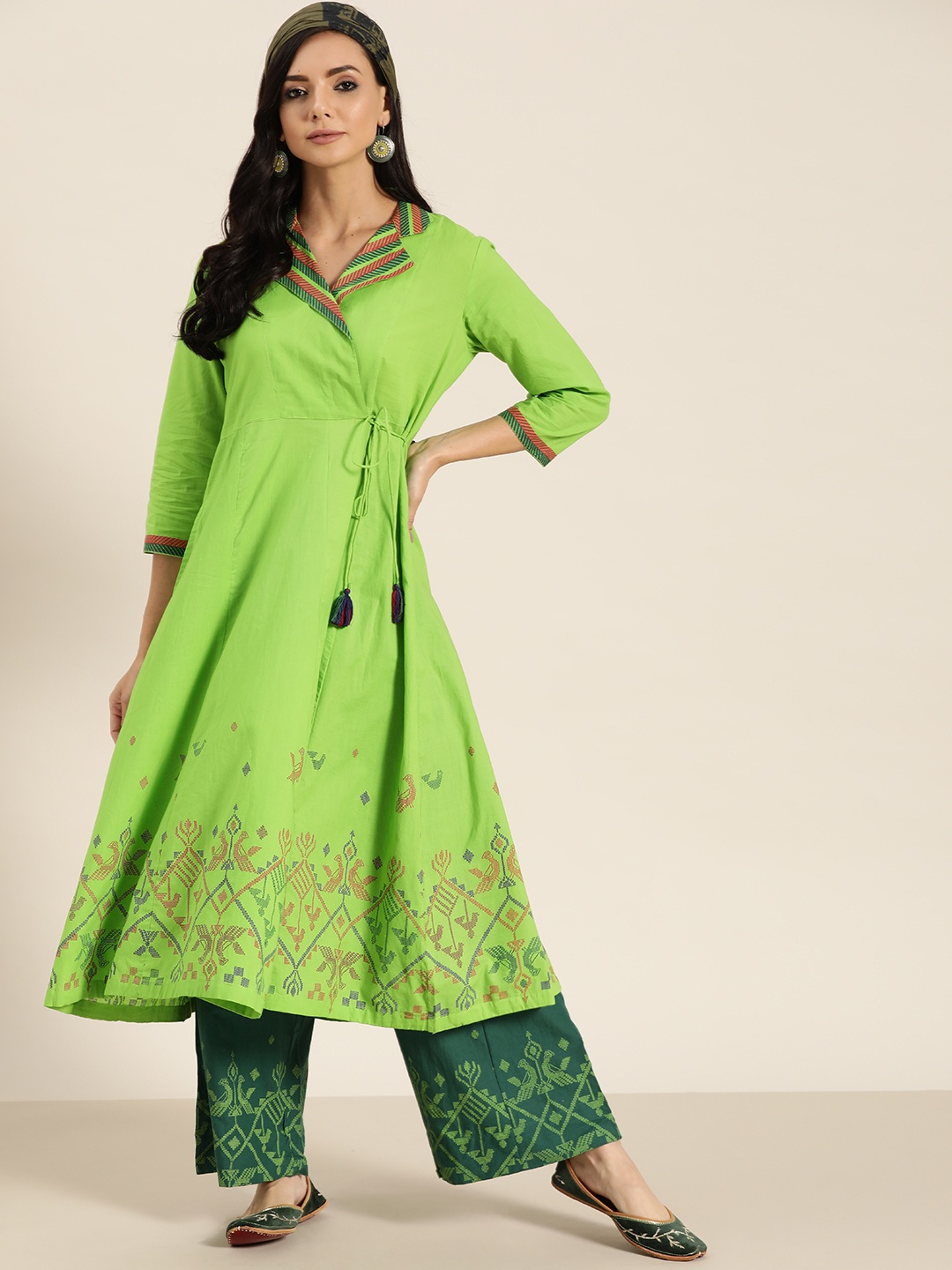 

Sangria Women Green Printed Angrakha Pure Cotton Kurta with Palazzos