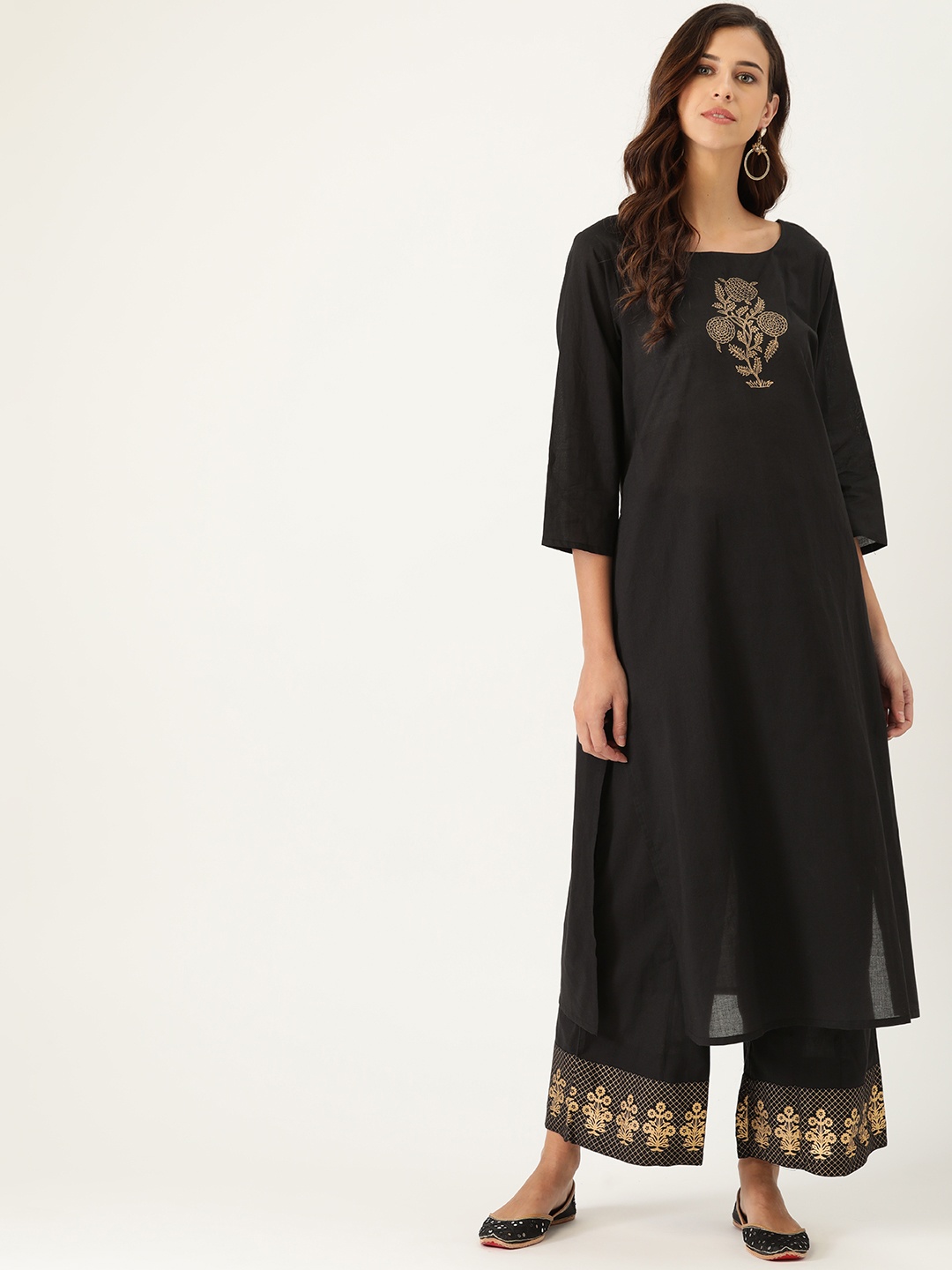 

Sangria Women Black Yoke Design Pure Cotton Kurta with Palazzos