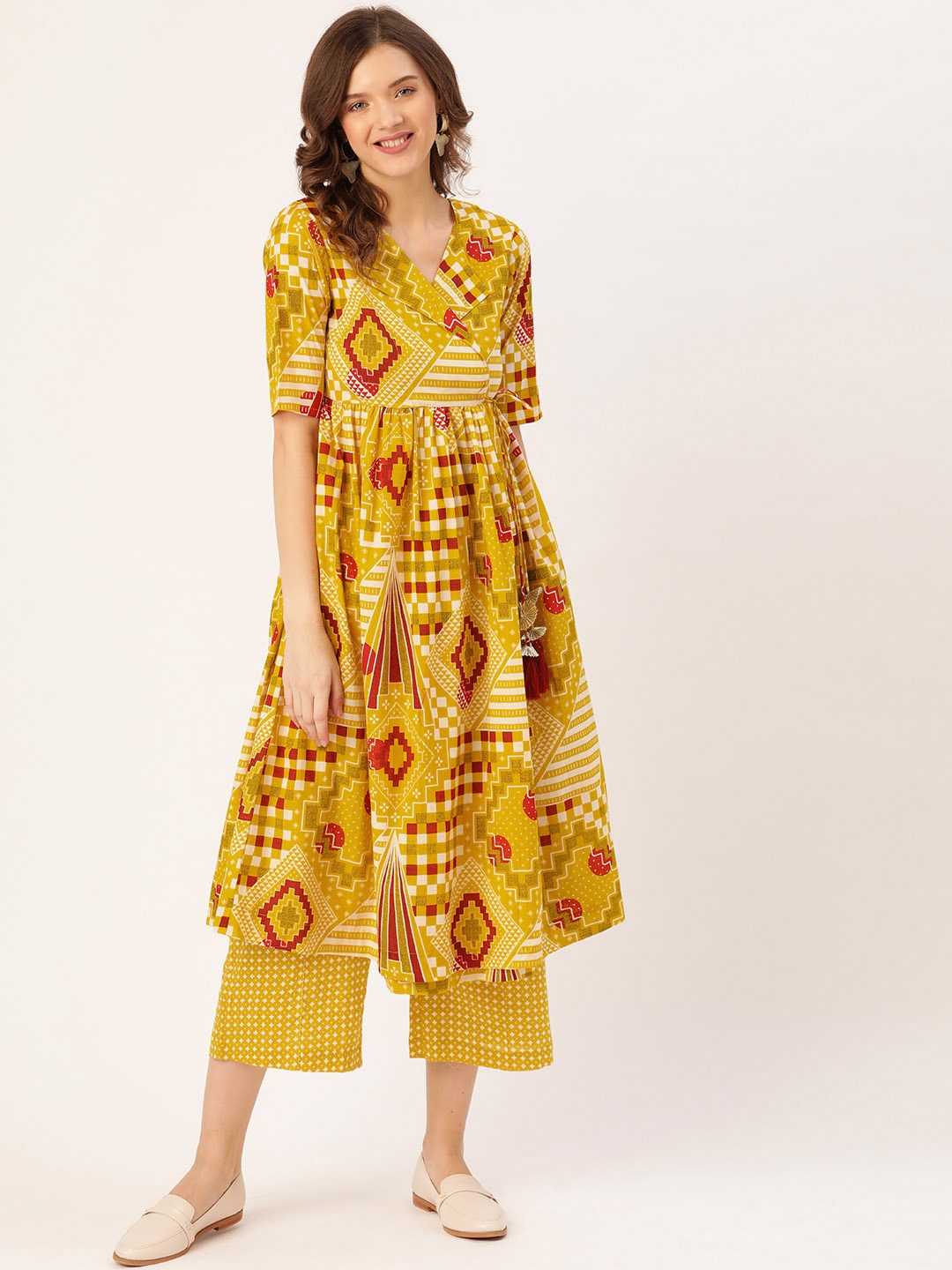 

Sangria Women Yellow & Red Printed Angrakha Pure Cotton Kurta with Palazzos