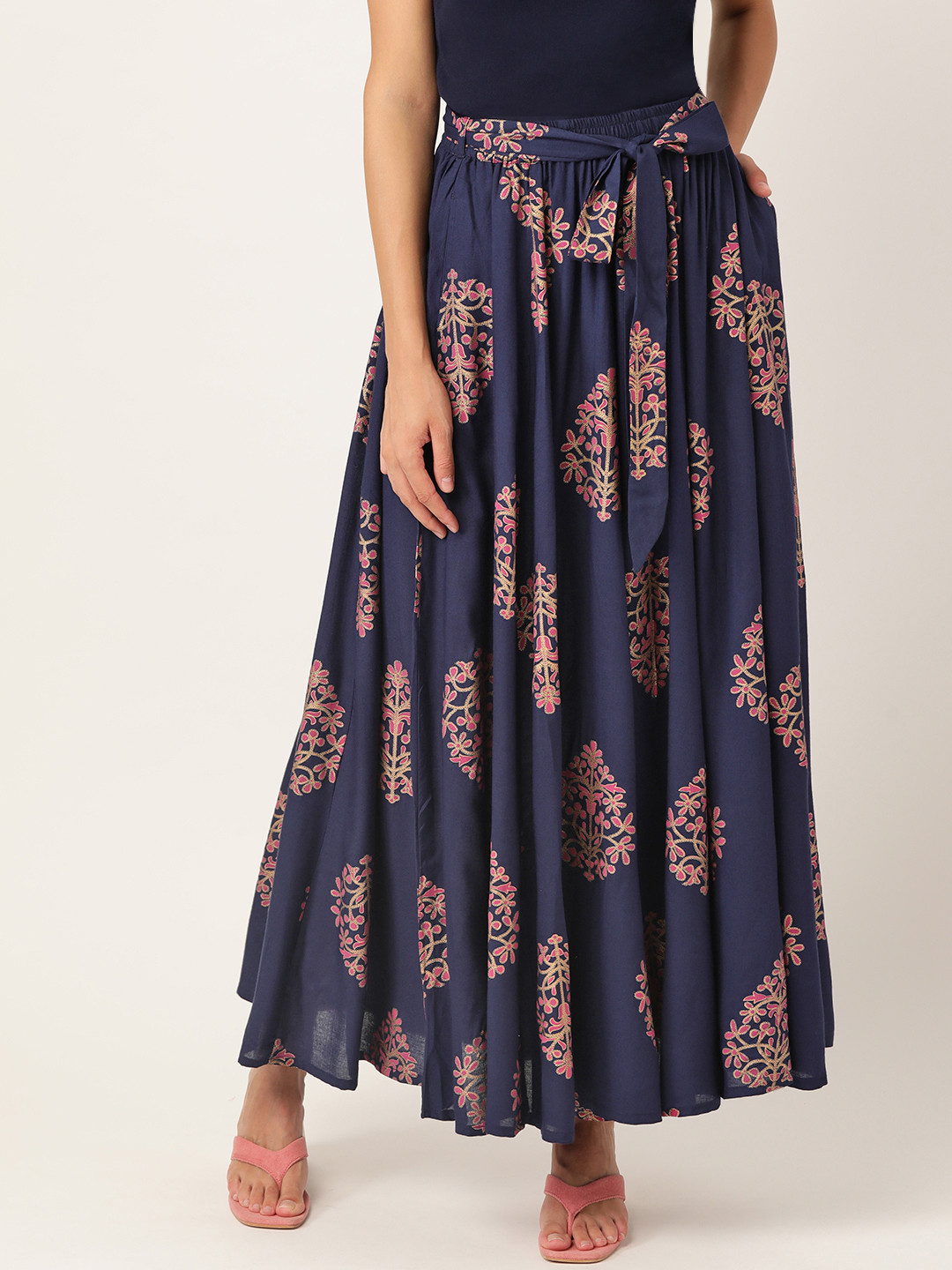 

Sangria Women Navy & Pink Printed Maxi Flared Skirt, Navy blue