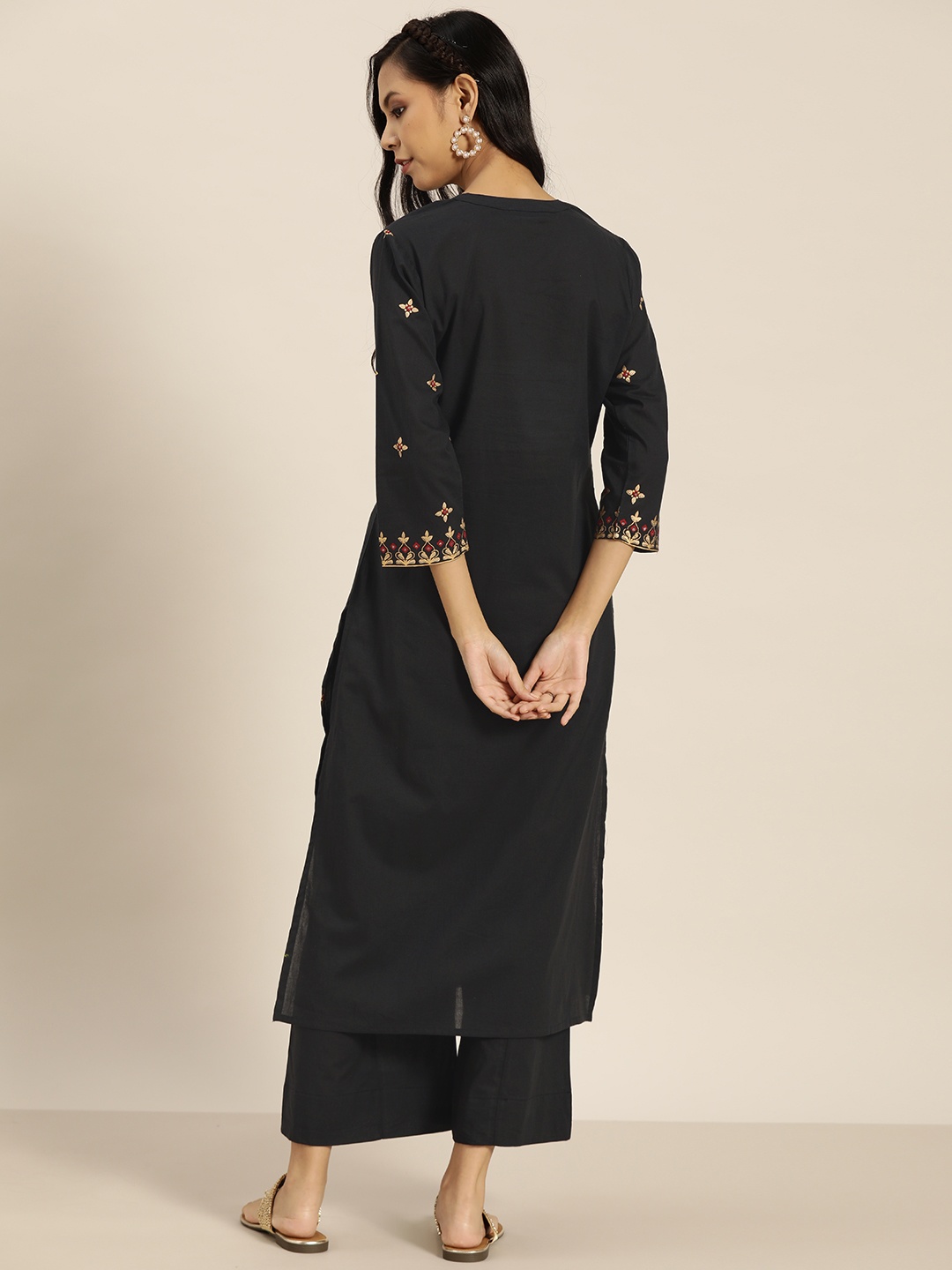 

Sangria Women Black & Golden Ethnic Motifs Printed Pure Cotton Kurta with Palazzos