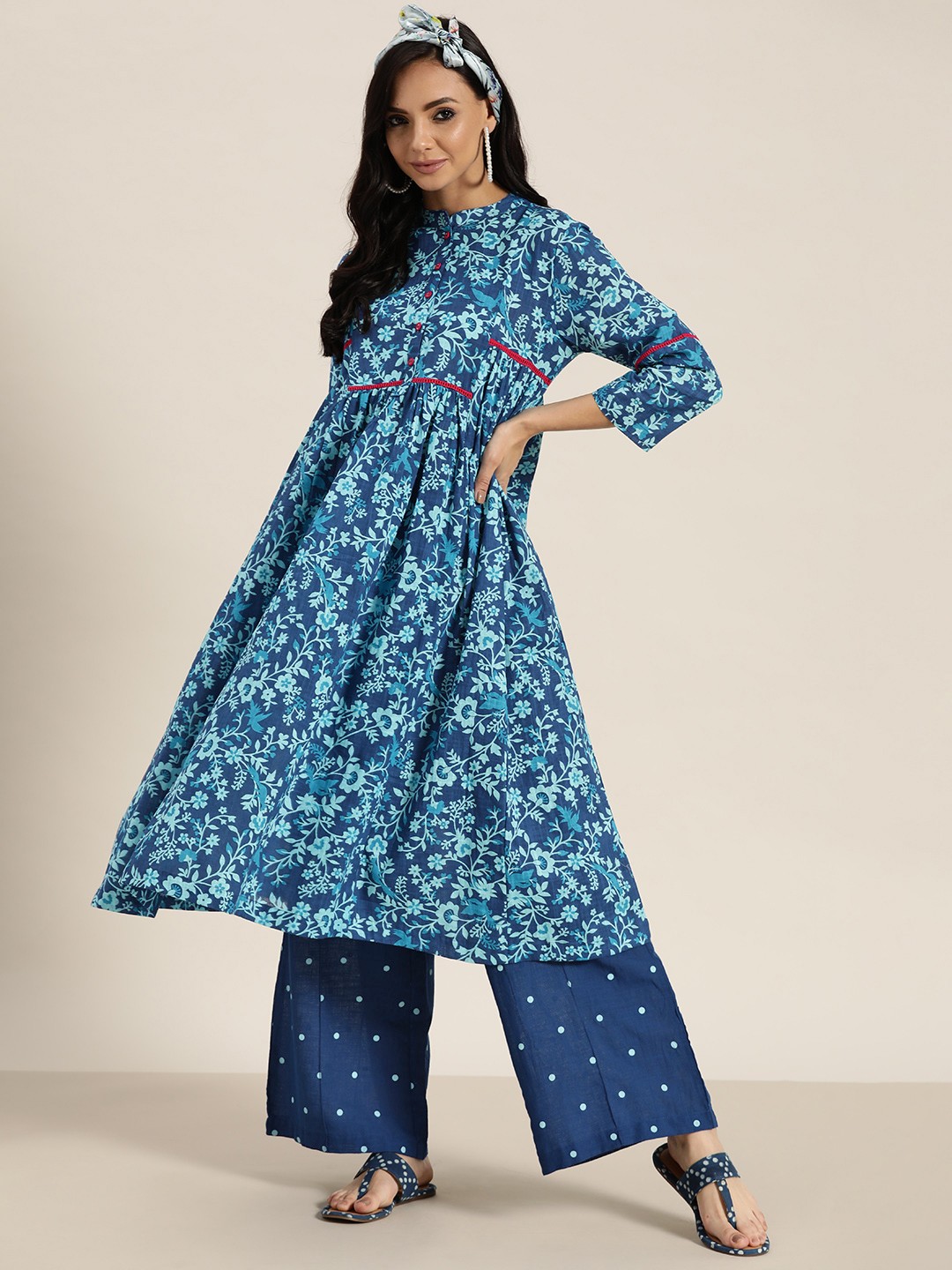 

Sangria Women Blue Printed Pure Cotton A-Line Kurta with Palazzos