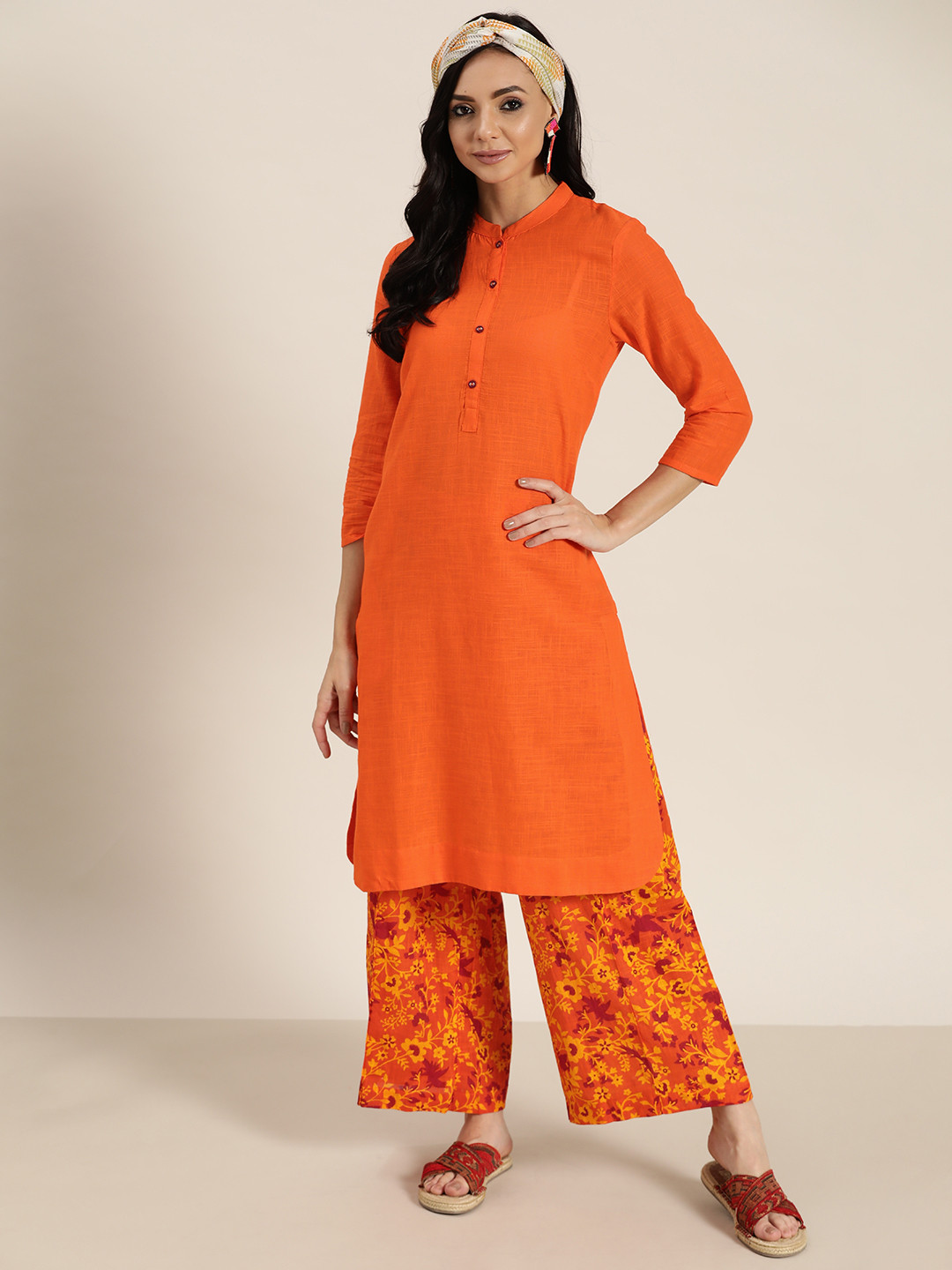

Sangria Women Orange Solid Pure Cotton Straight Kurta with Printed Palazzos