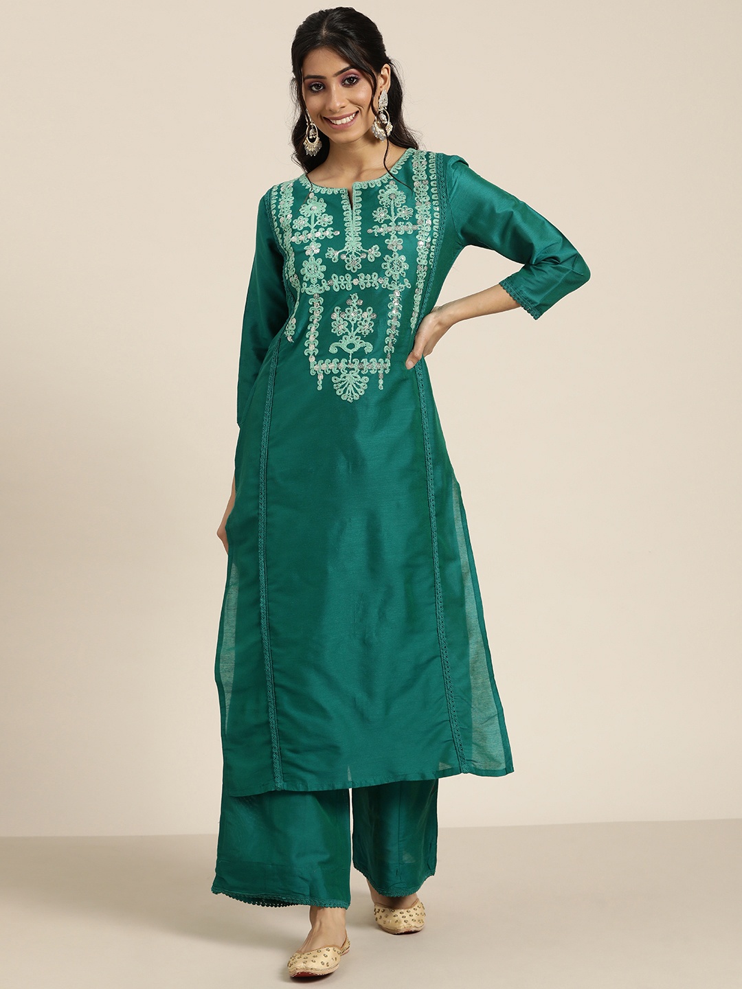 

Sangria Women Green Ethnic Motifs Yoke Design Mirror Work Kurta with Palazzos