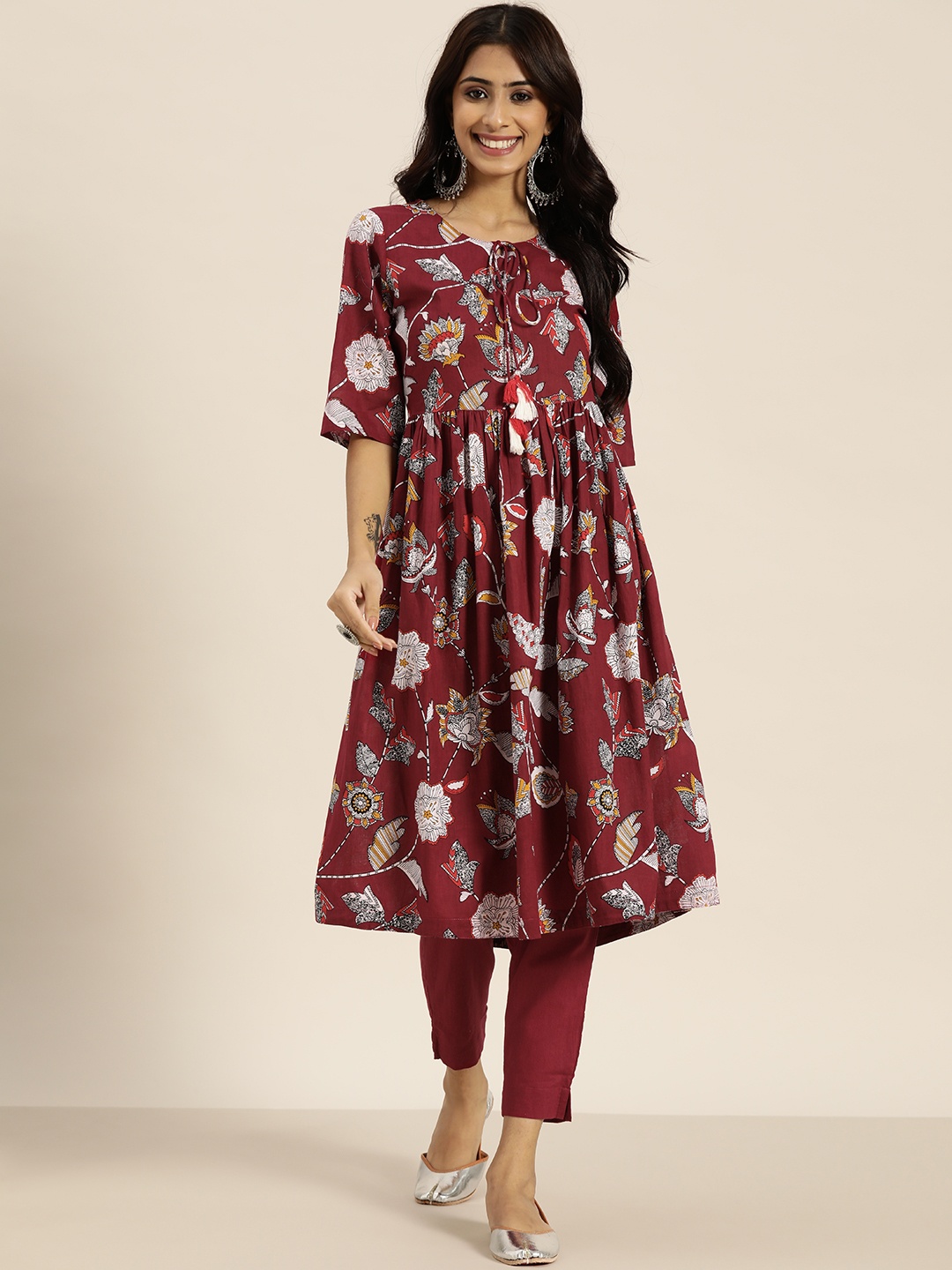 

Sangria Women Maroon & White Floral Printed Pure Cotton Kurta with Trousers