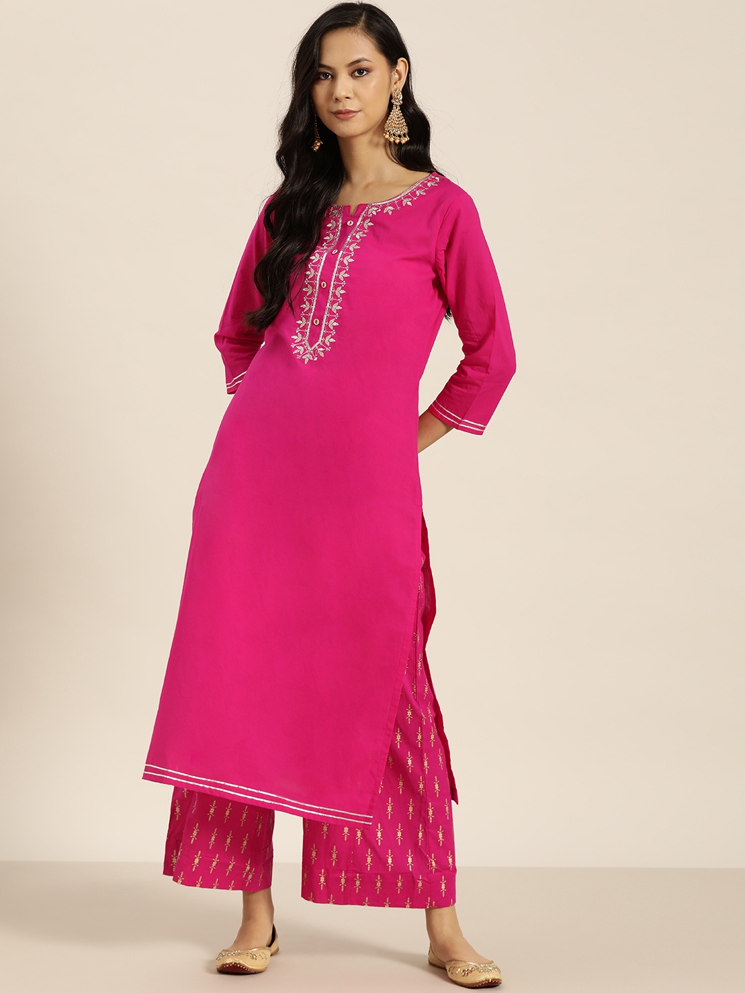 

Sangria Women Pink Ethnic Motifs Yoke Design Pure Cotton Kurta with Palazzos