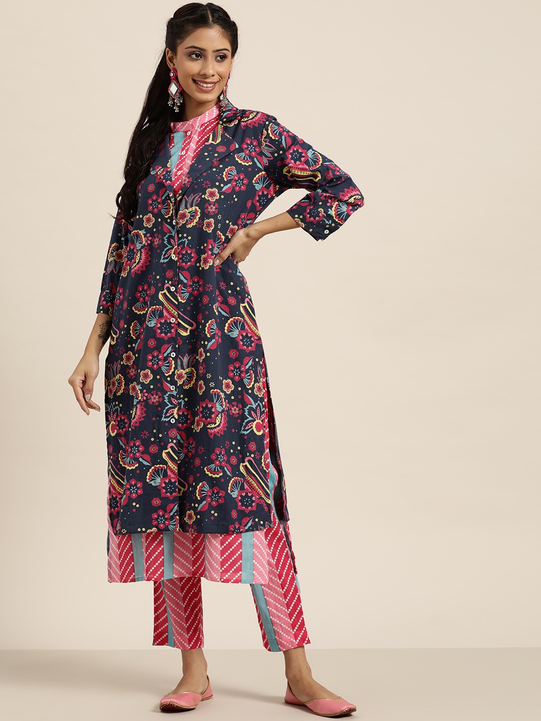 

Sangria Women Navy Blue Cotton Floral Print Layered Kurta with Trousers