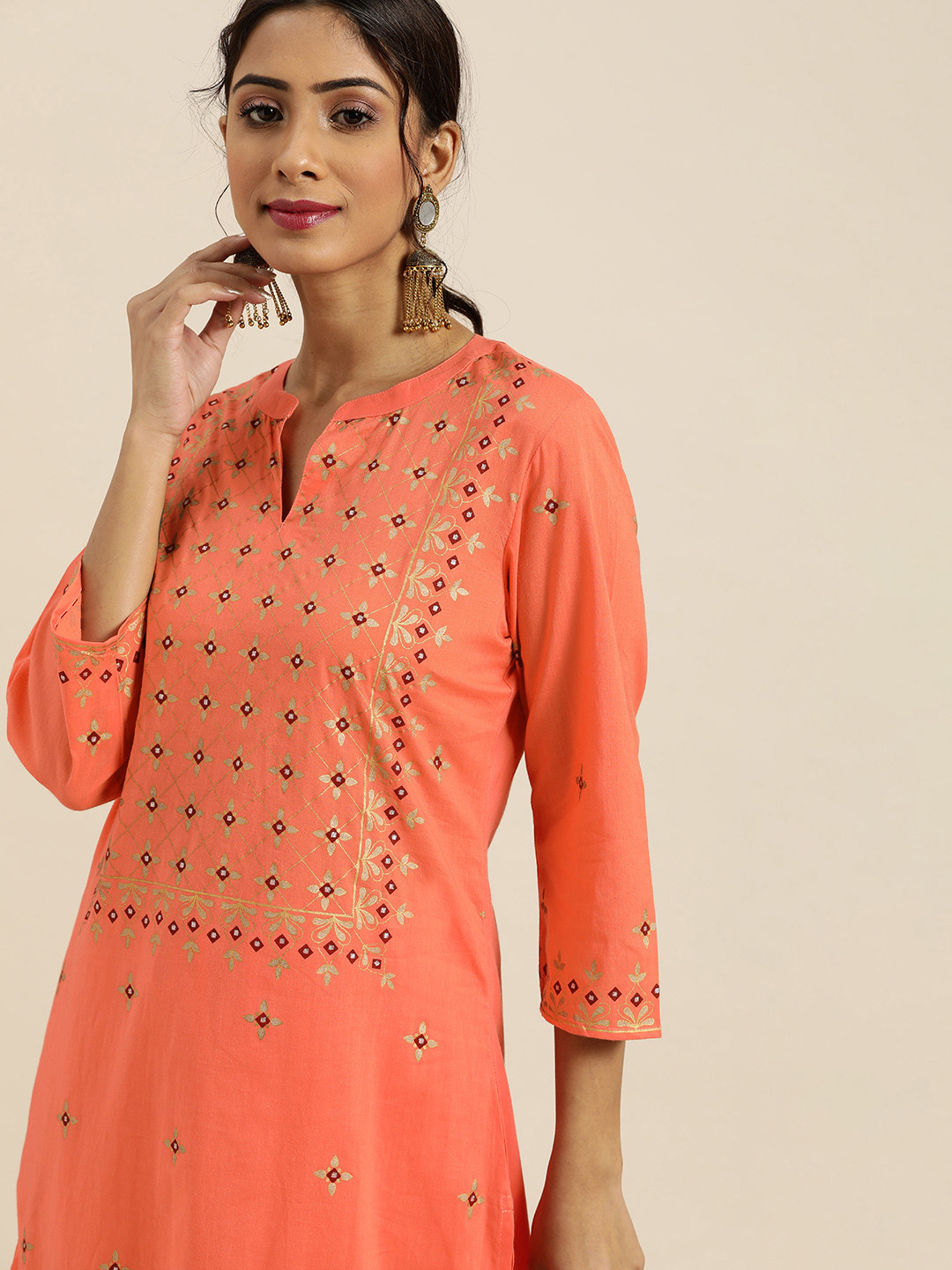 

Sangria Women Orange & Golden Ethnic Motifs Printed Pure Cotton Kurta with Palazzos