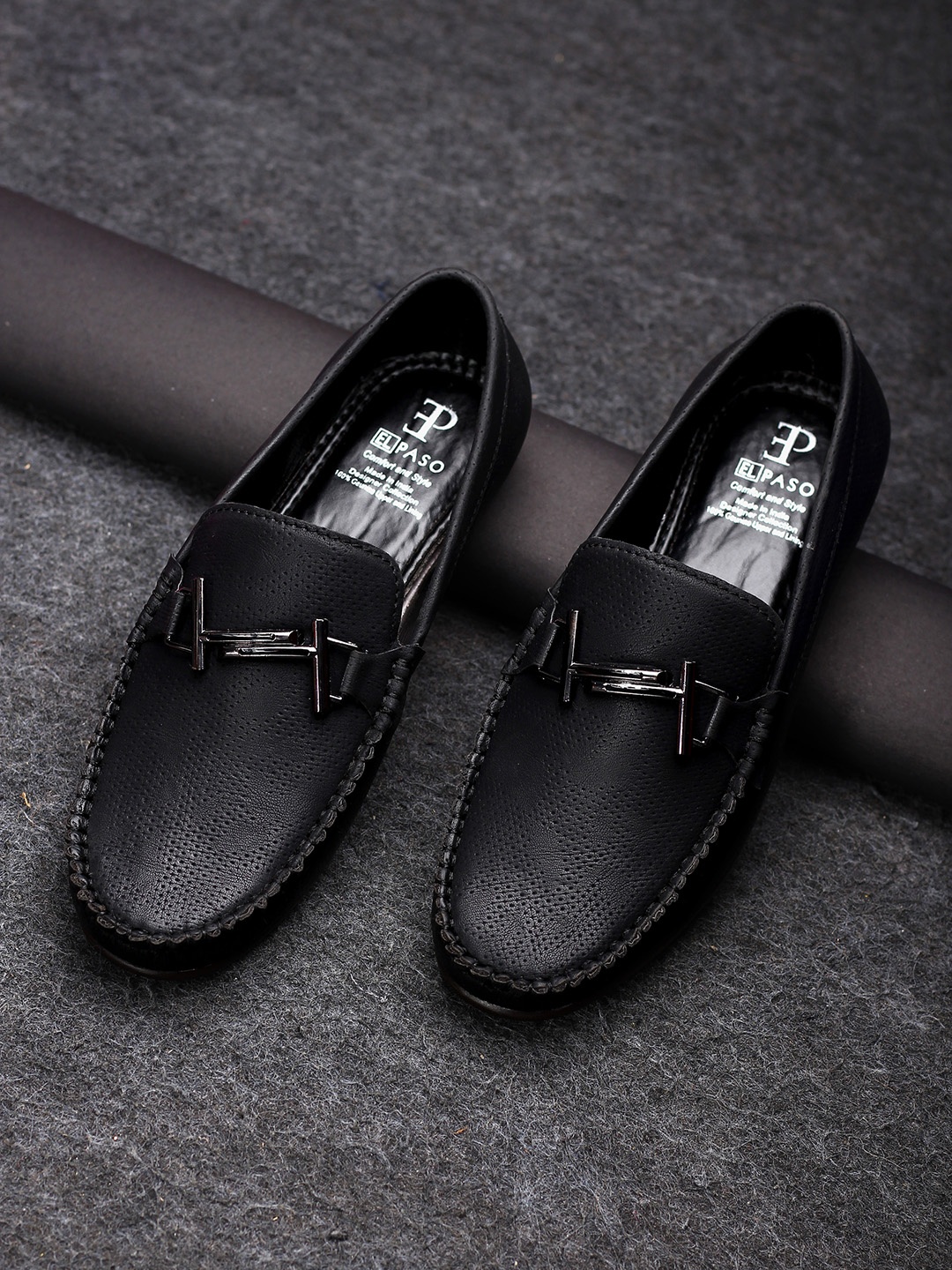 

El Paso Men Black Textured Penny Loafers