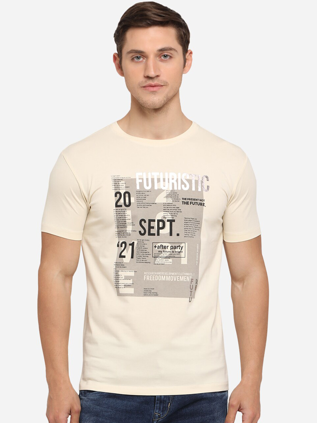 

JADE BLUE Men Cream-Coloured Printed Round Neck T-shirt