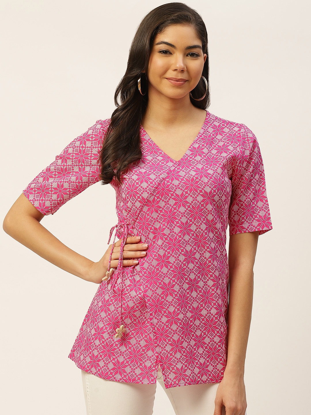 

FABRIC FITOOR Pink & White Printed Pure Cotton Wrap Top