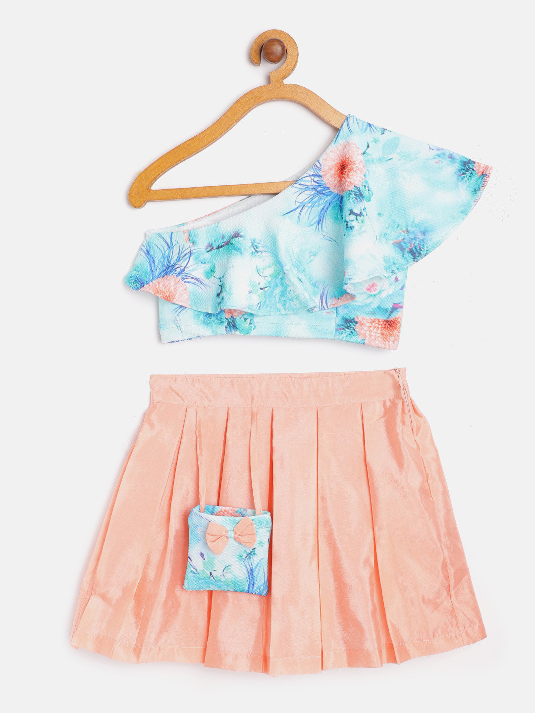 

pspeaches Girls Turquoise Blue & Peach-Coloured Floral One Shoulder Top with Solid Skirt