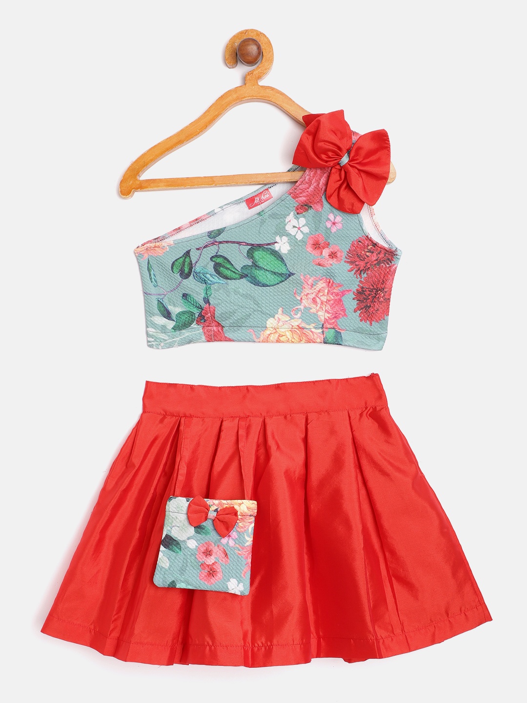 

pspeaches Girls Green & Red Floral Printed One Shoulder Top with Solid Skirt