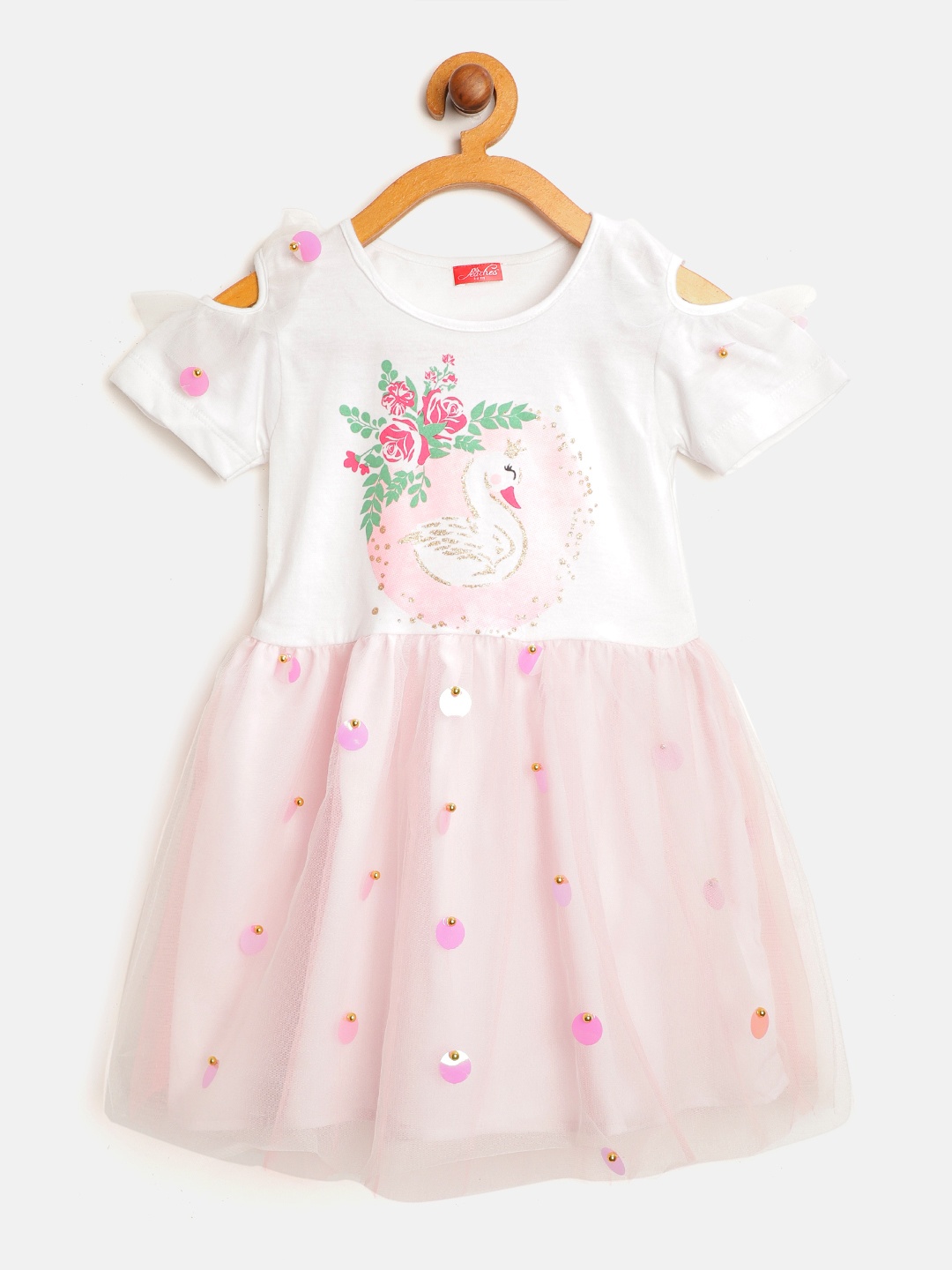 

pspeaches Girls White & Pink Swan Print & Colourblocked Cotton Fit and Flare Dress