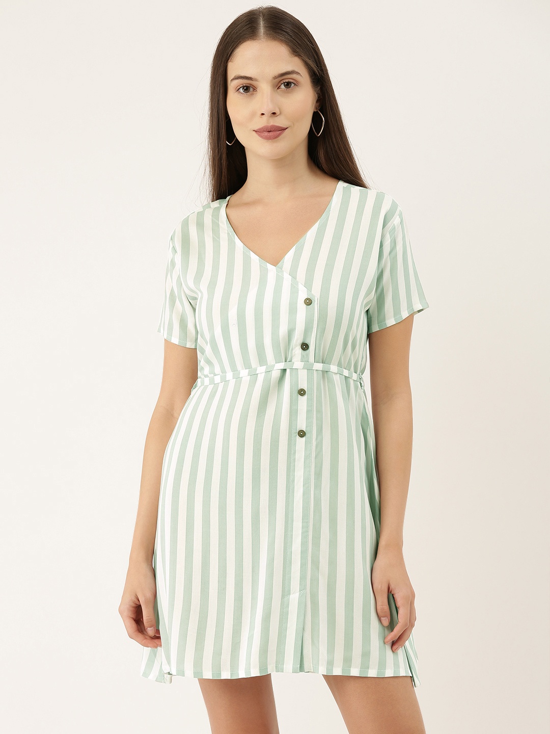 

The Dry State Women White Striped A-Line Dress With Tie-Up Detailing