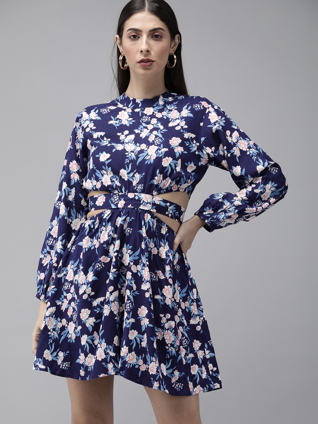 

The Dry State Women Navy Blue Floral Printed Fit and Flare Dress With Cut-Out Detailing