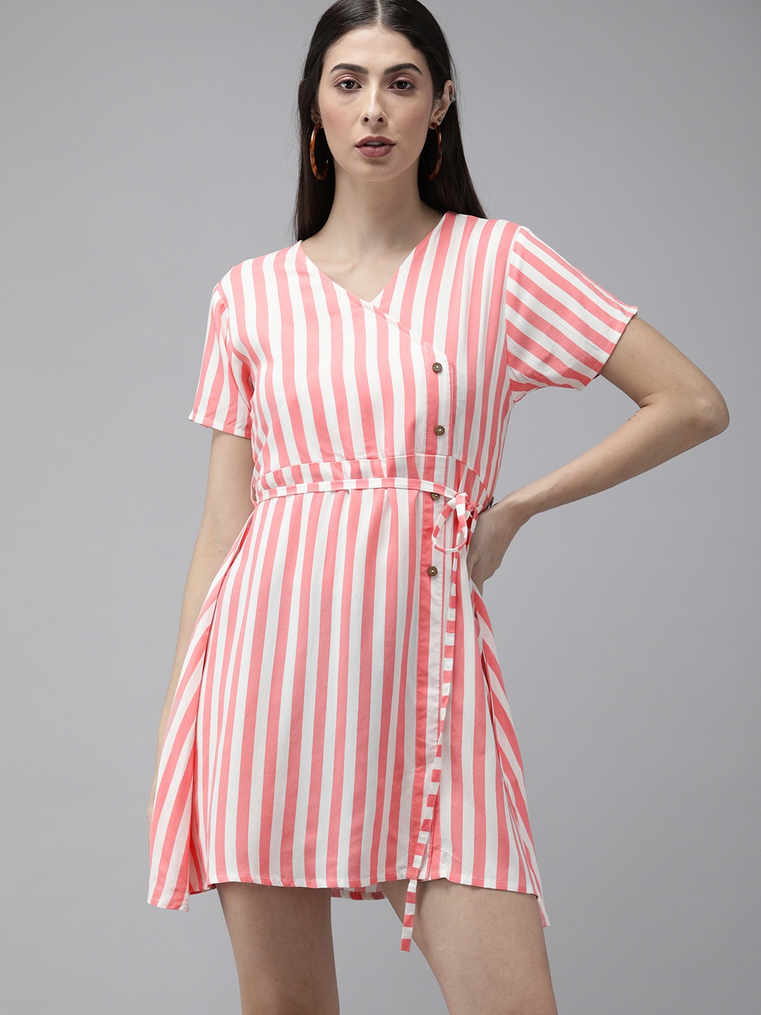 

The Dry State Women White & Peach-Coloured Striped A-Line Dress With Tie-Up Detailing