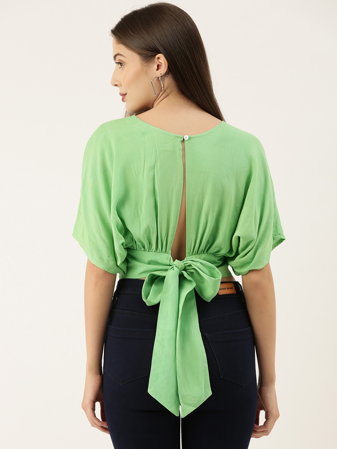 

The Dry State Women Green Kimono Sleeves Styled Back Crop Top
