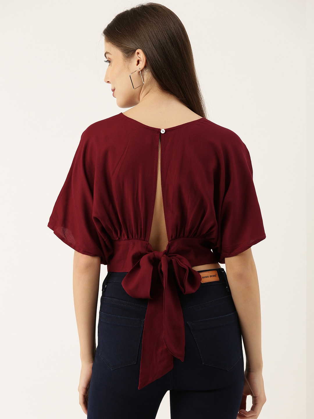 

The Dry State Women Maroon Kimono Sleeves Styled Back Crop Top
