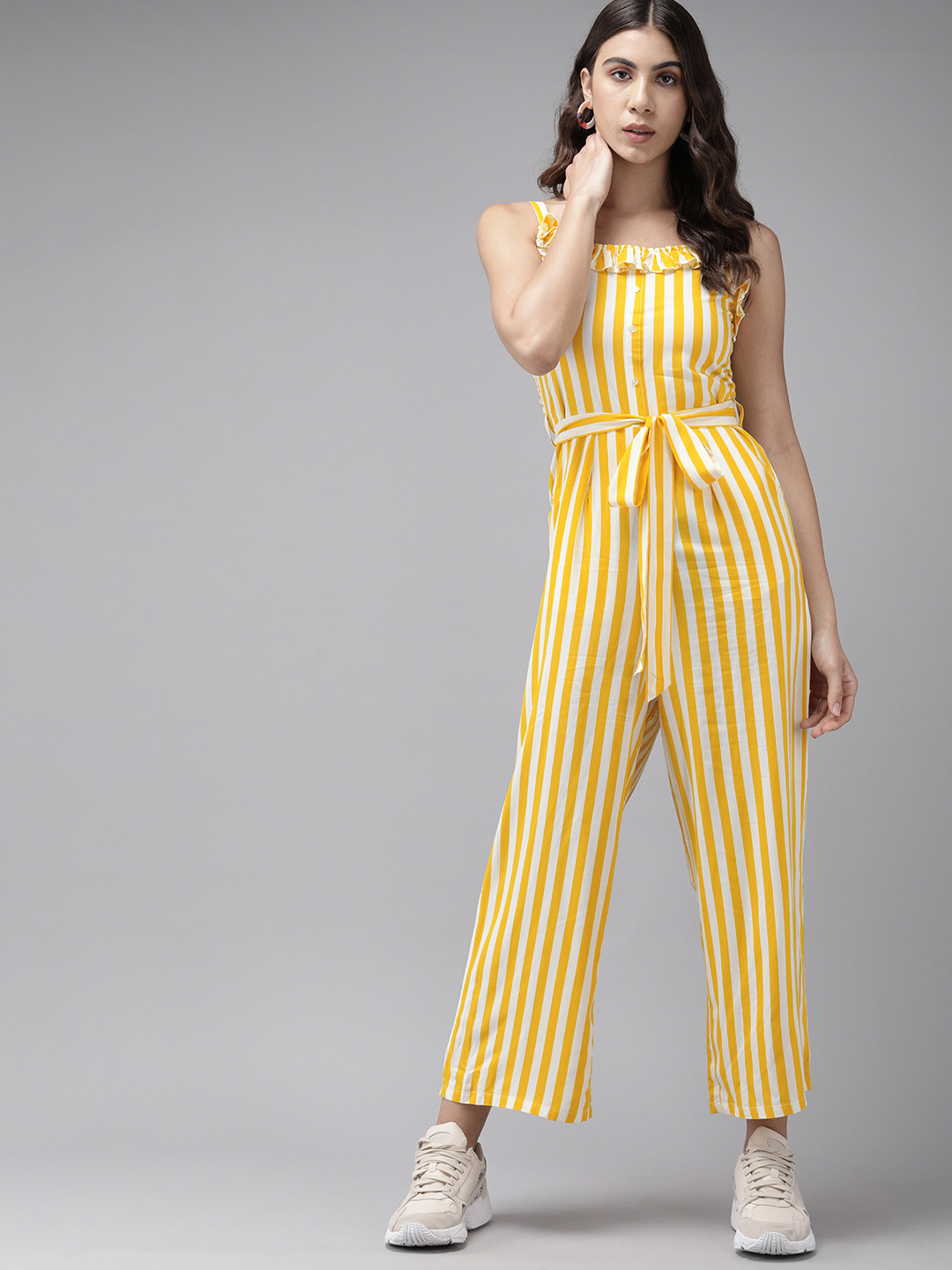

The Dry State Women White & Yellow Striped Ruffled Basic Jumpsuit