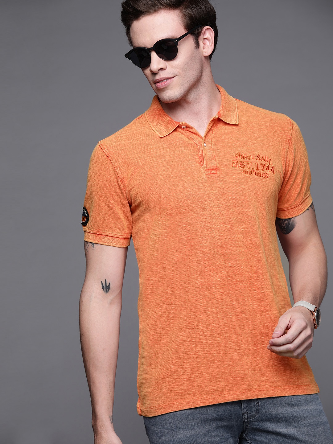 

Allen Solly Sport Men Orange Brand Logo Polo Collar Pure Cotton T-shirt