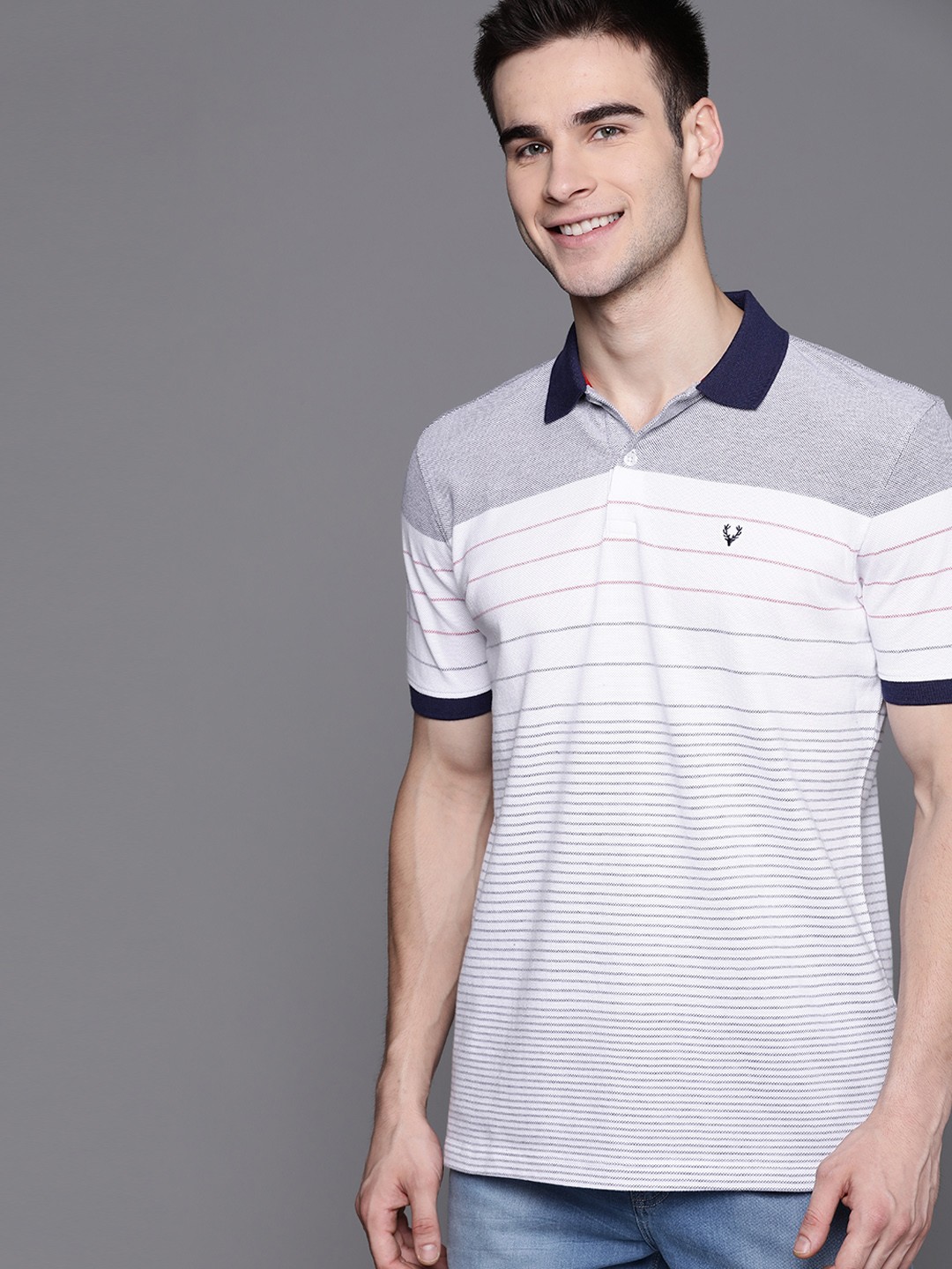 

Allen Solly Men White & blue Cotton Striped Polo Collar T-shirt