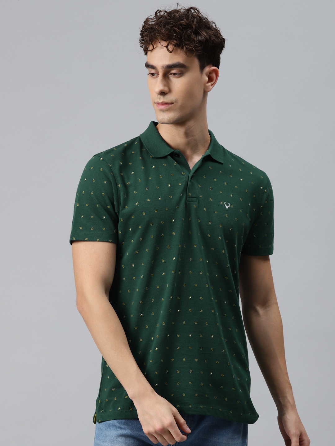

Allen Solly Men Green Yellow Printed Polo Collar Pure Cotton T-shirt