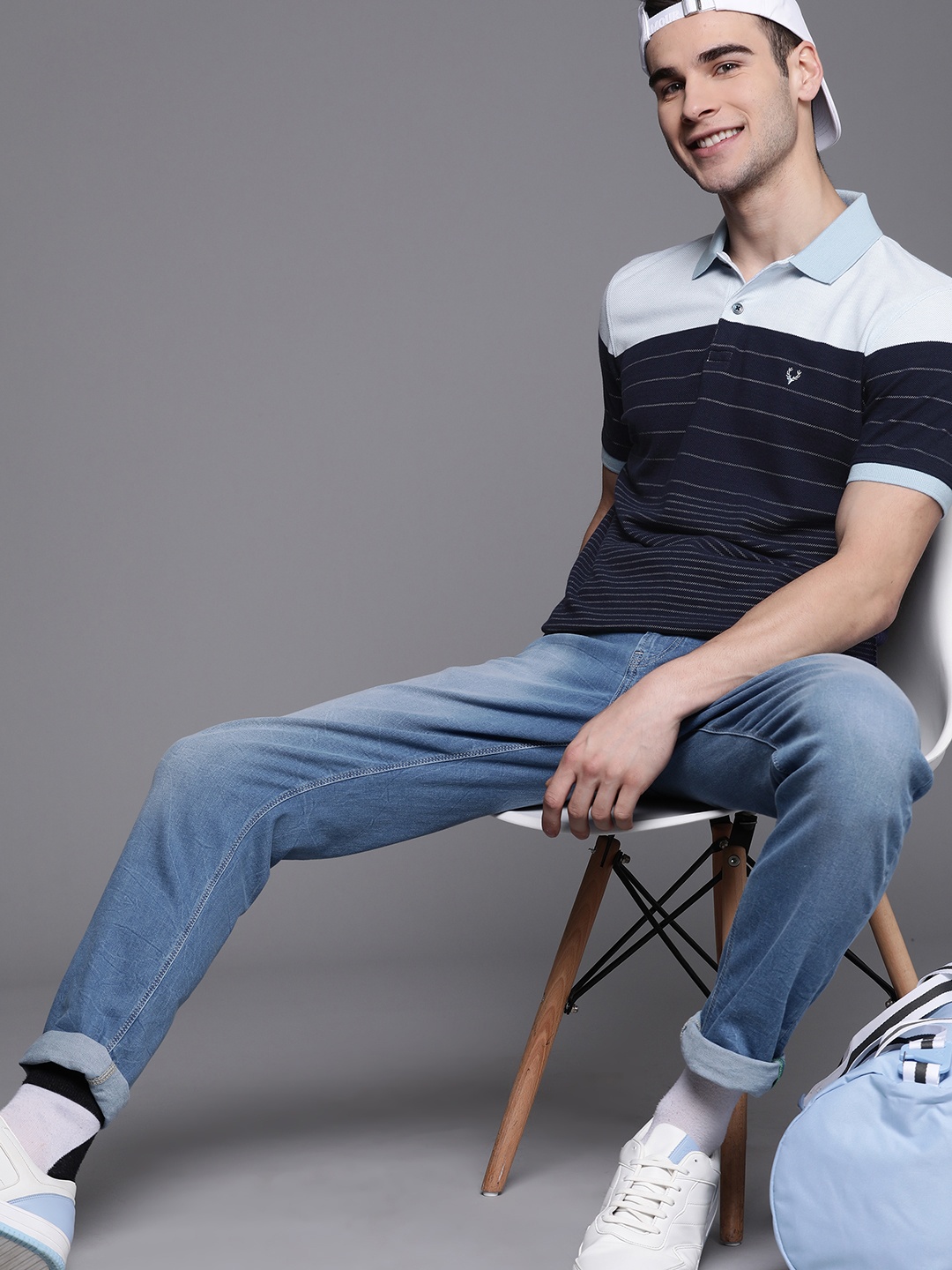 

Allen Solly Men Blue Cotton Striped Polo Collar T-shirt